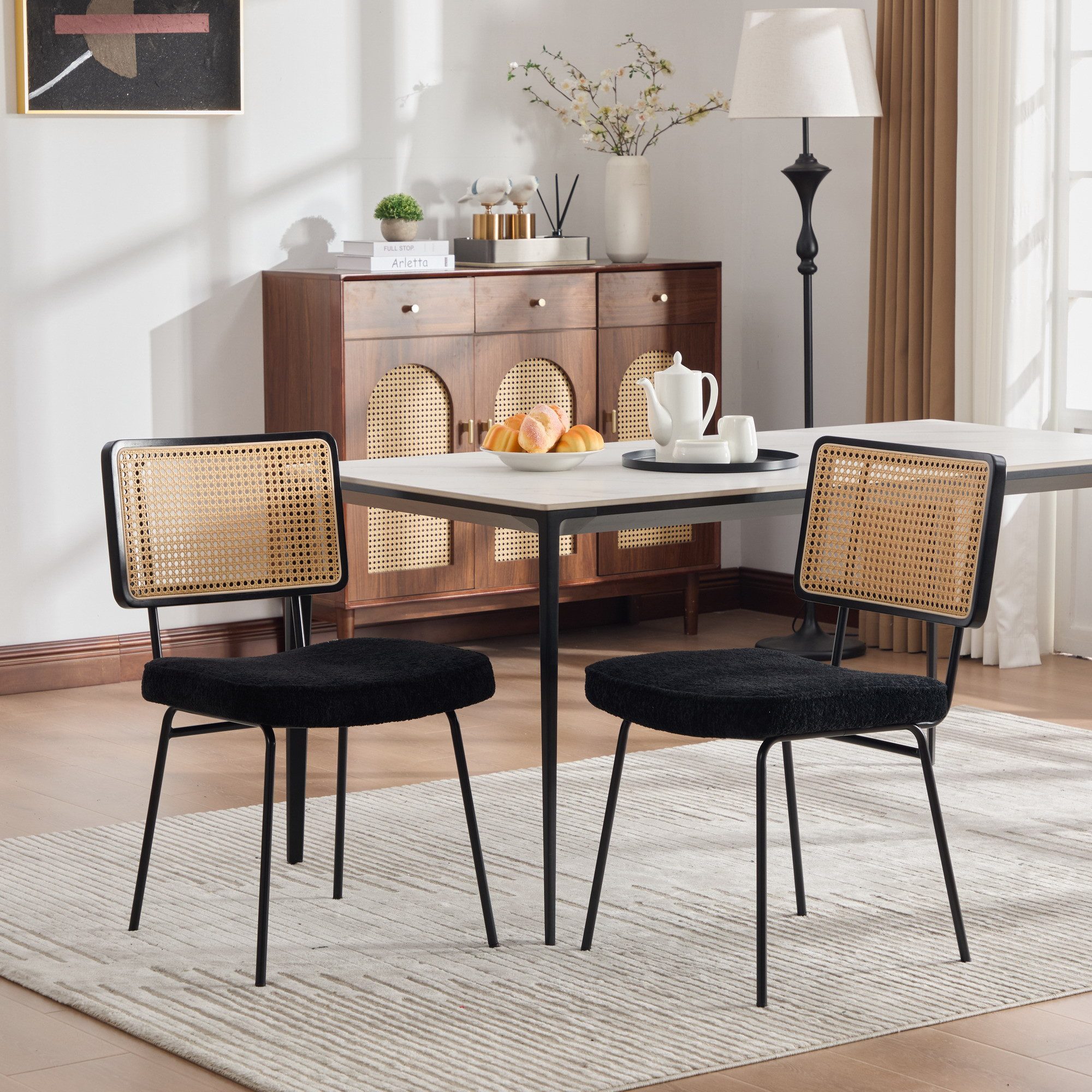 HAUSS SPOLE Esszimmerstuhl 2er-Set mit verstellbare Metallfüße,Küchenstuhl ohne Armlehnen,Schwarz (Loungeessessel mit Rattan-Geflecht Design und Chenille-Polsterung), mit Metallstruktur