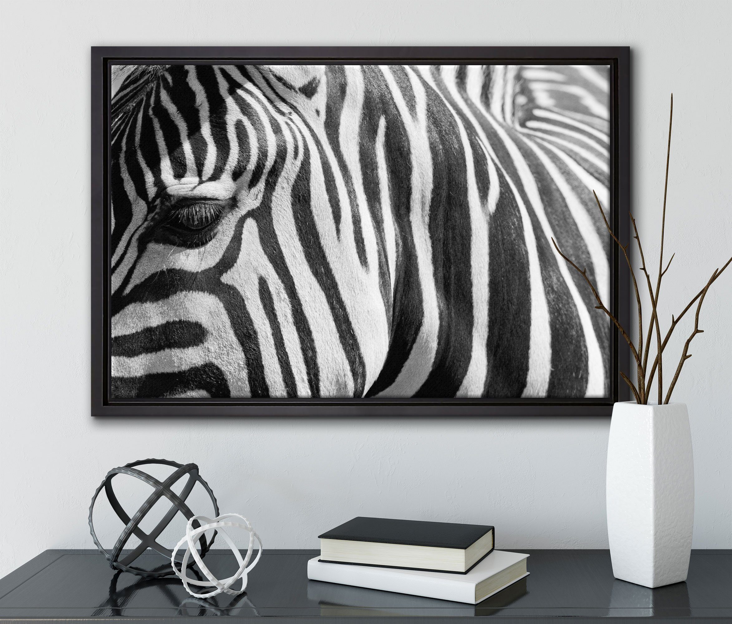 Pixxprint inkl. Zackenaufhänger St), einem gefasst, Porträt, in Leinwandbild Zebra bespannt, Schattenfugen-Bilderrahmen Leinwandbild Wanddekoration (1 fertig