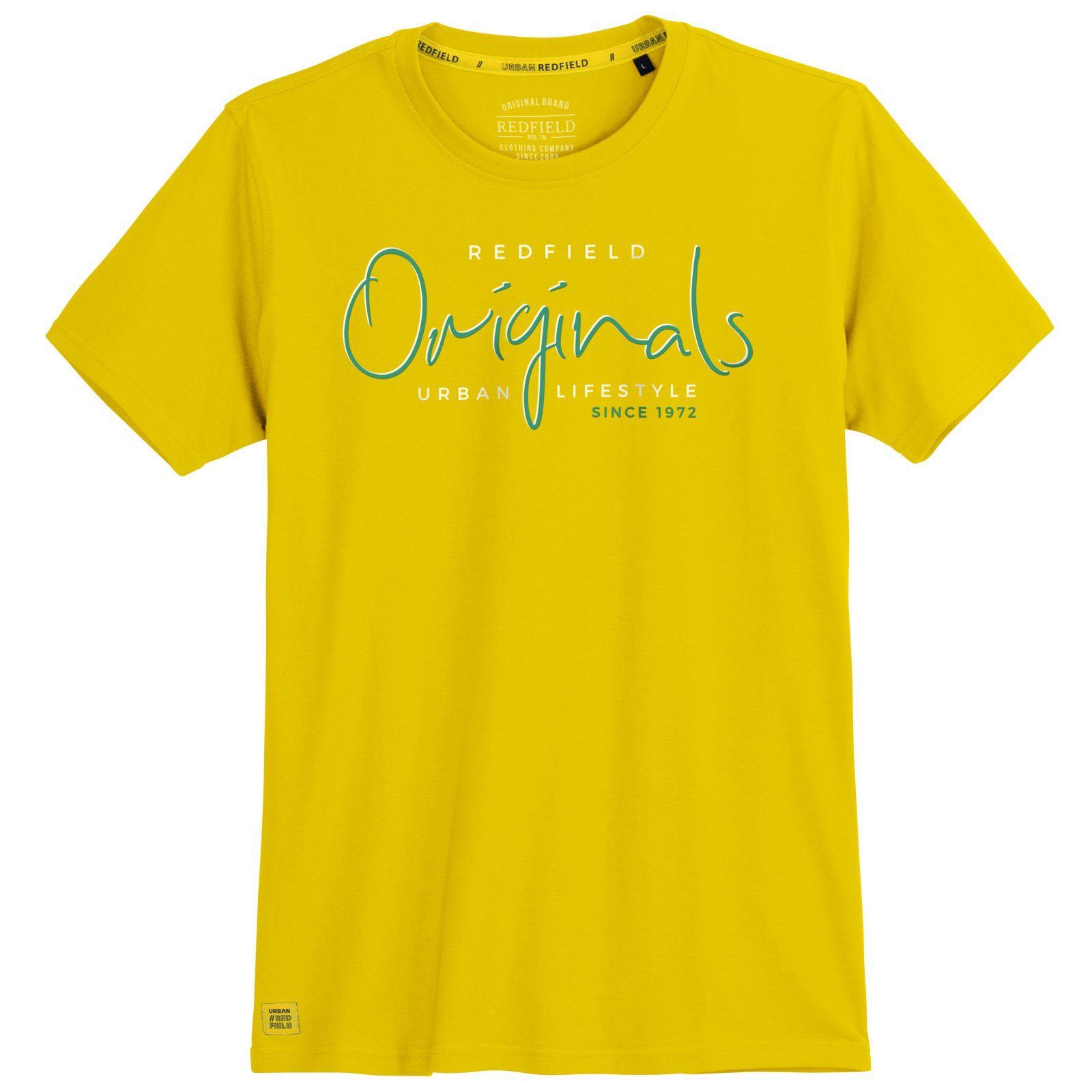 redfield Rundhalsshirt Große Größen Herren T-Shirt gelb Schrift-Brustprint Redfield