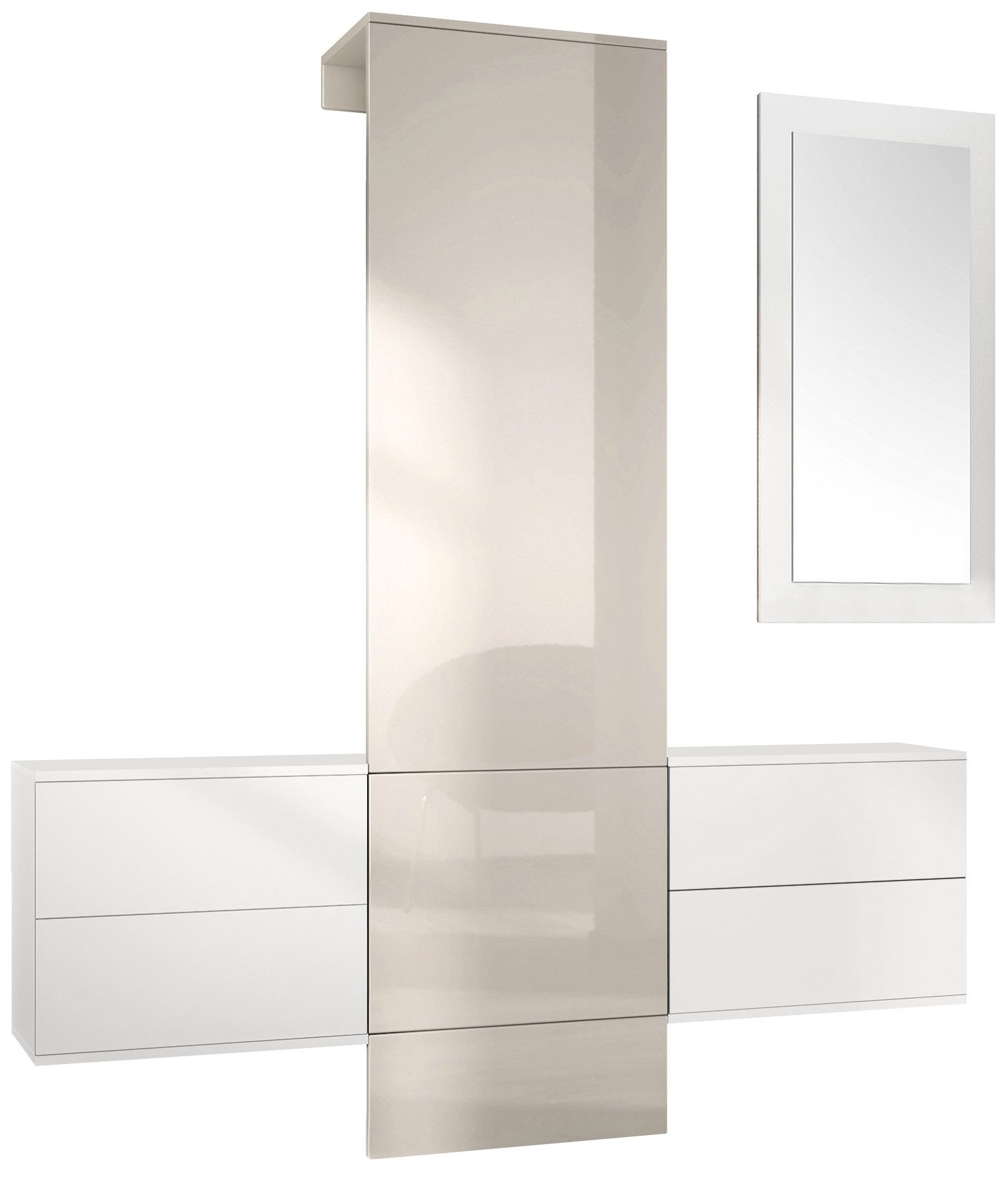 Vladon Garderoben-Set Carlton Set 3, (Wandgarderobe bestehend aus, ​ 1 Paneel, 2 Schubkastenschränke und 1 Wandspiegel), Weiß matt/Sandgrau Hochglanz (157 x 193 x 35 cm)