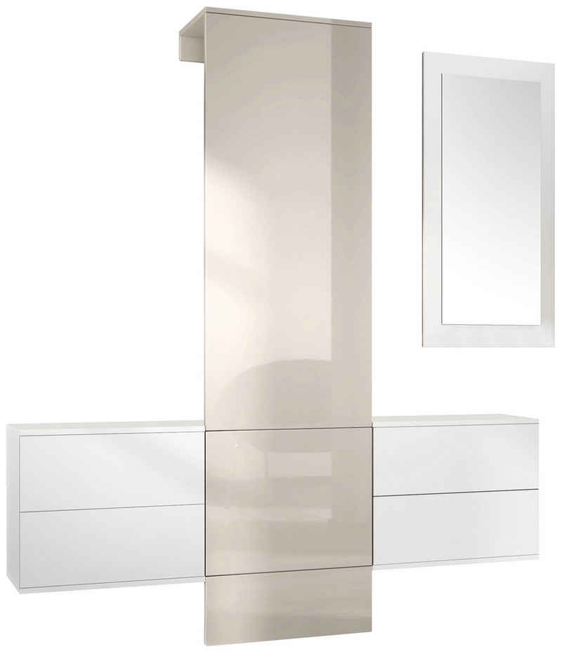Vladon Garderoben-Set Carlton, (Wandgarderobe bestehend aus, 4-St., ​ 1 Paneel, 2 Schubkastenschränke und 1 Wandspiegel), Weiß matt/Sandgrau Hochglanz (157 x 193 x 35 cm)