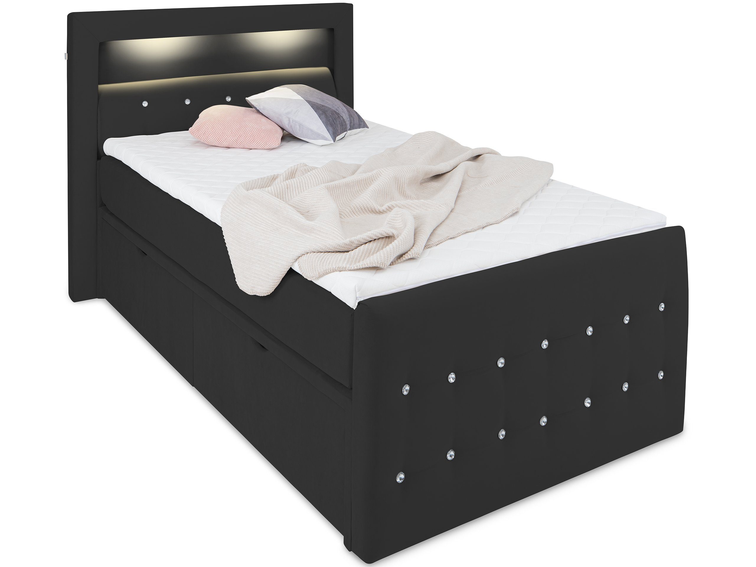 inkl. Schwarz und LED-Beleuchtung, mit Kristallen wonello Topper Boxspringbett Girona, Stauraum,