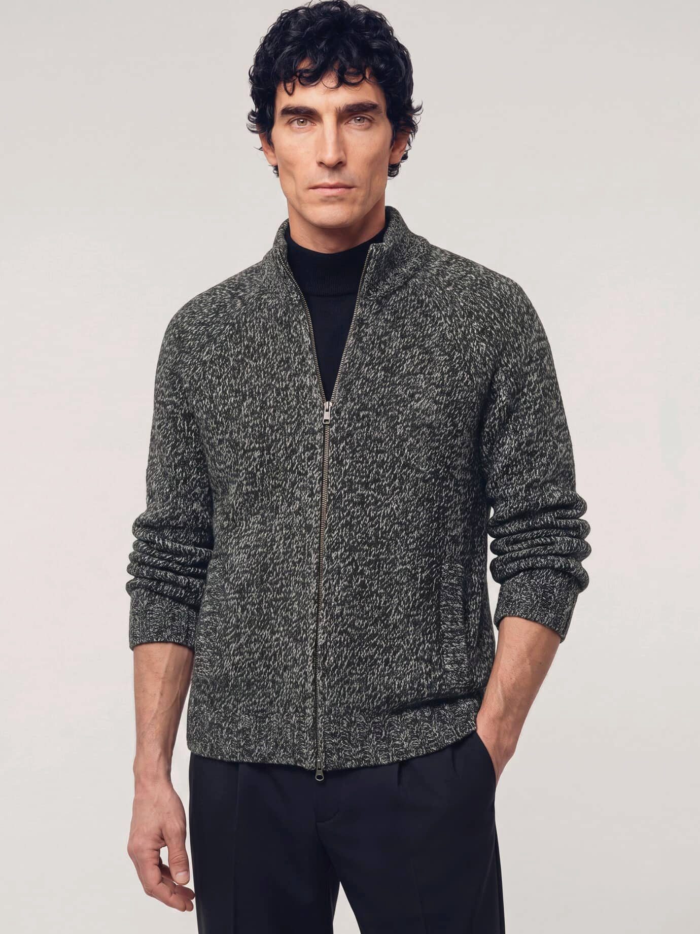 Walbusch Strickjacke Herren Grobstrick-Jacke aus Merinowolle Stehkragen, modern, wärmend