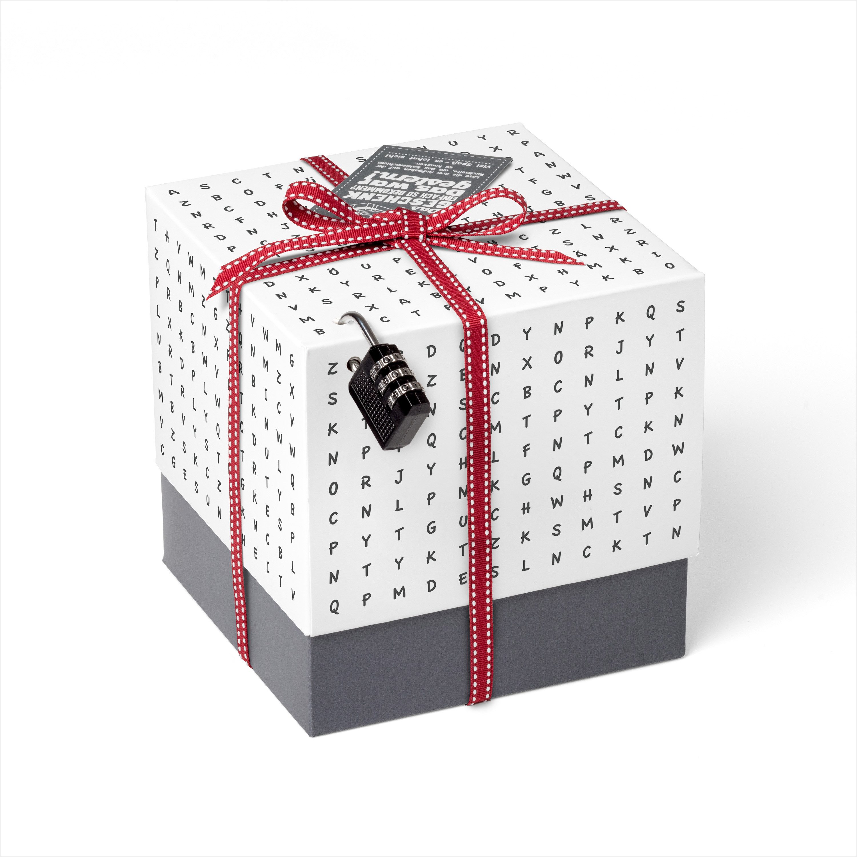 SURPRISA Geschenkbox Rätzel Geschenkbox, Geldgeschenk Verpackung & Gutschein Geschenk Box (inkl. 3-stelligem Zahlenschloss), Geschenkkarton Buchstaben-Rätsel, 16,5 x 16,5 x 16,5 cm, weiß