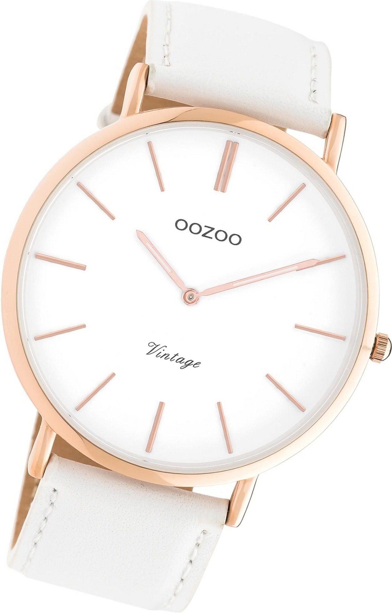 OOZOO Quarzuhr Oozoo Damen Armbanduhr Vintage Analog, Damenuhr Lederarmband weiß, rundes Gehäuse, groß (ca. 44mm)