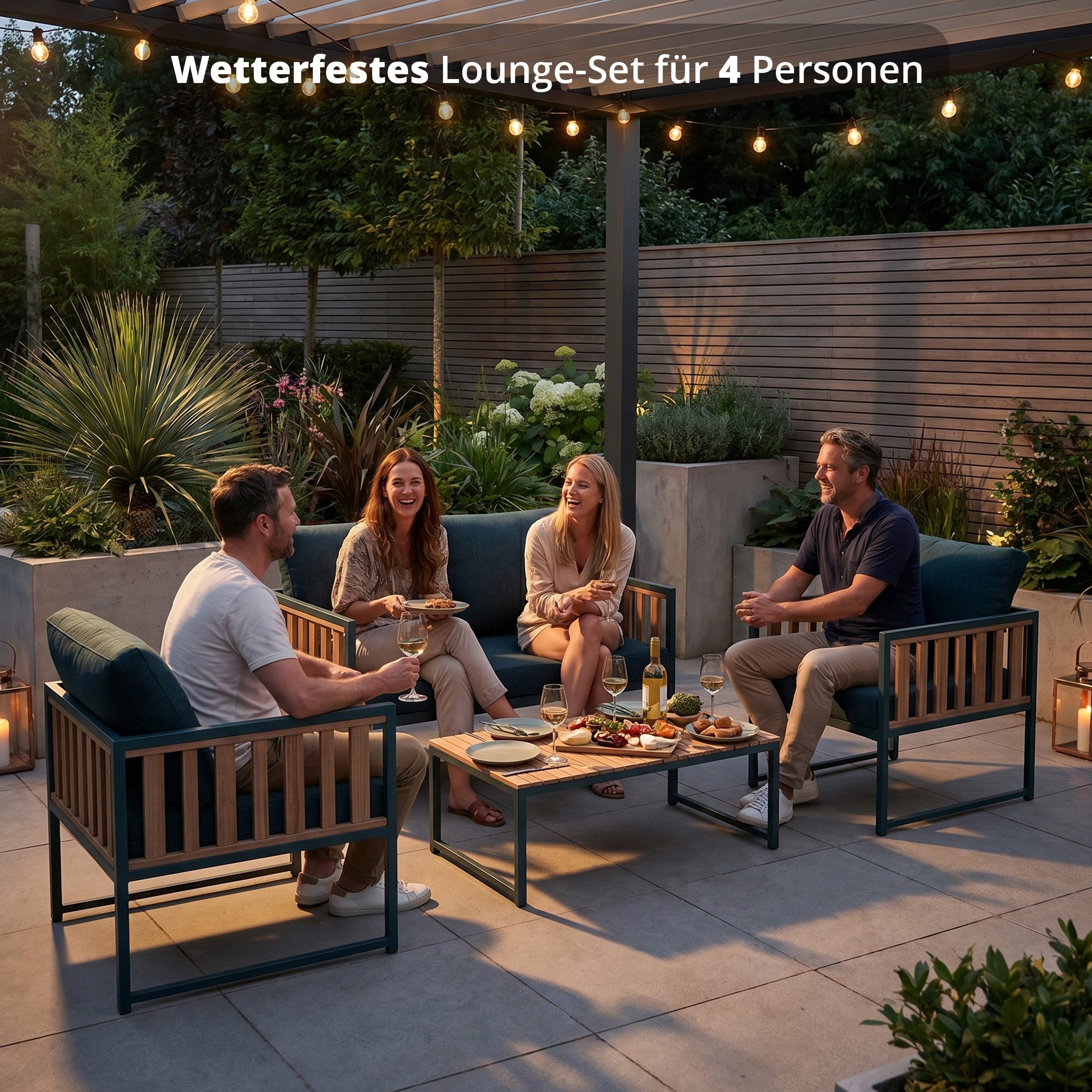 KHG Gartenlounge-Set 4-teilig Grau für 4 Personen, (Lounge-Set mit 2-Sitzer, 2 Sesseln mit Sitzkissen & Tisch aus Akazie, 4-tlg., wetterfest UV-beständig, 125x65x65cm)