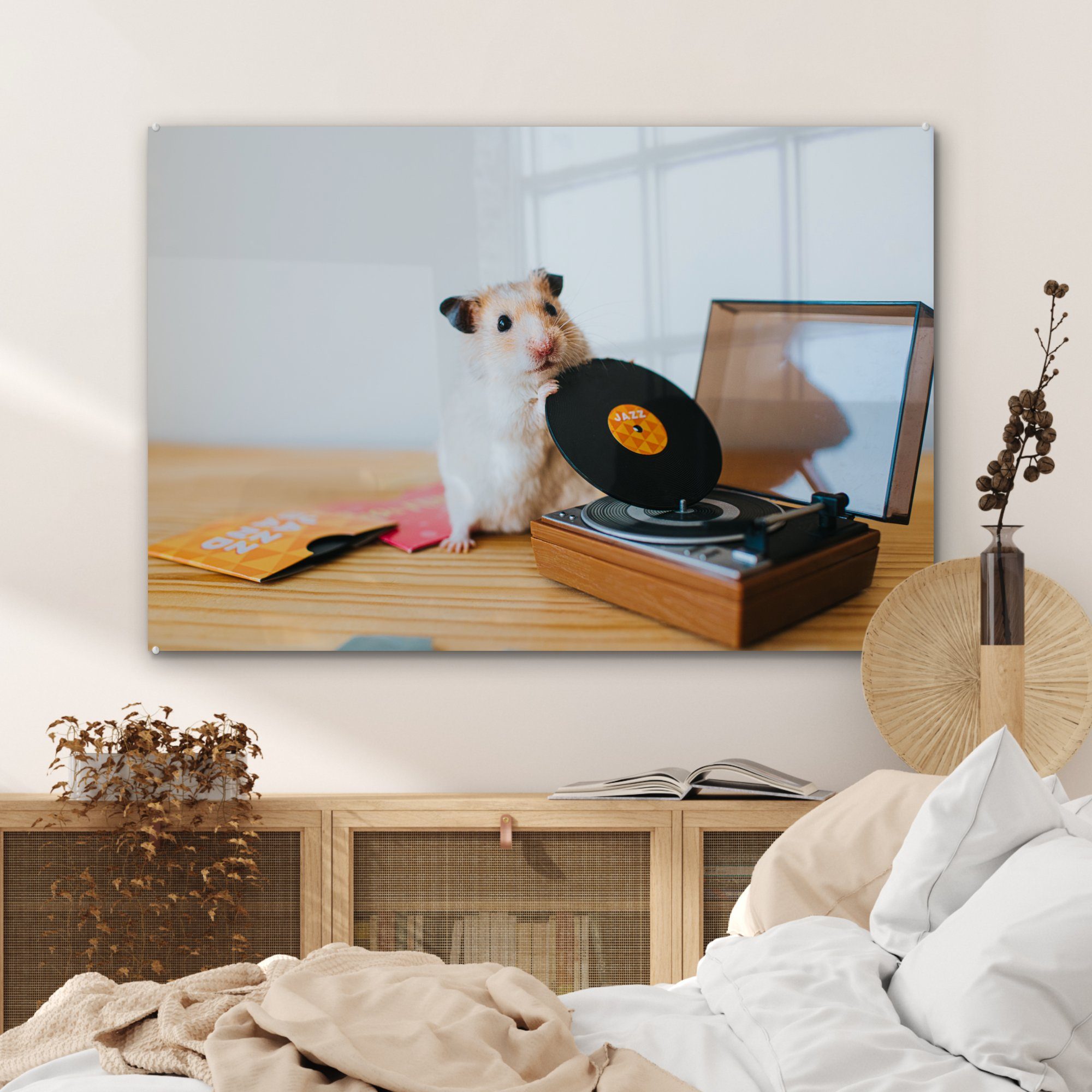 Schlafzimmer St), Wohnzimmer - Acrylglasbilder & MuchoWow Musik, Hamster (1 Plattenspieler - Acrylglasbild