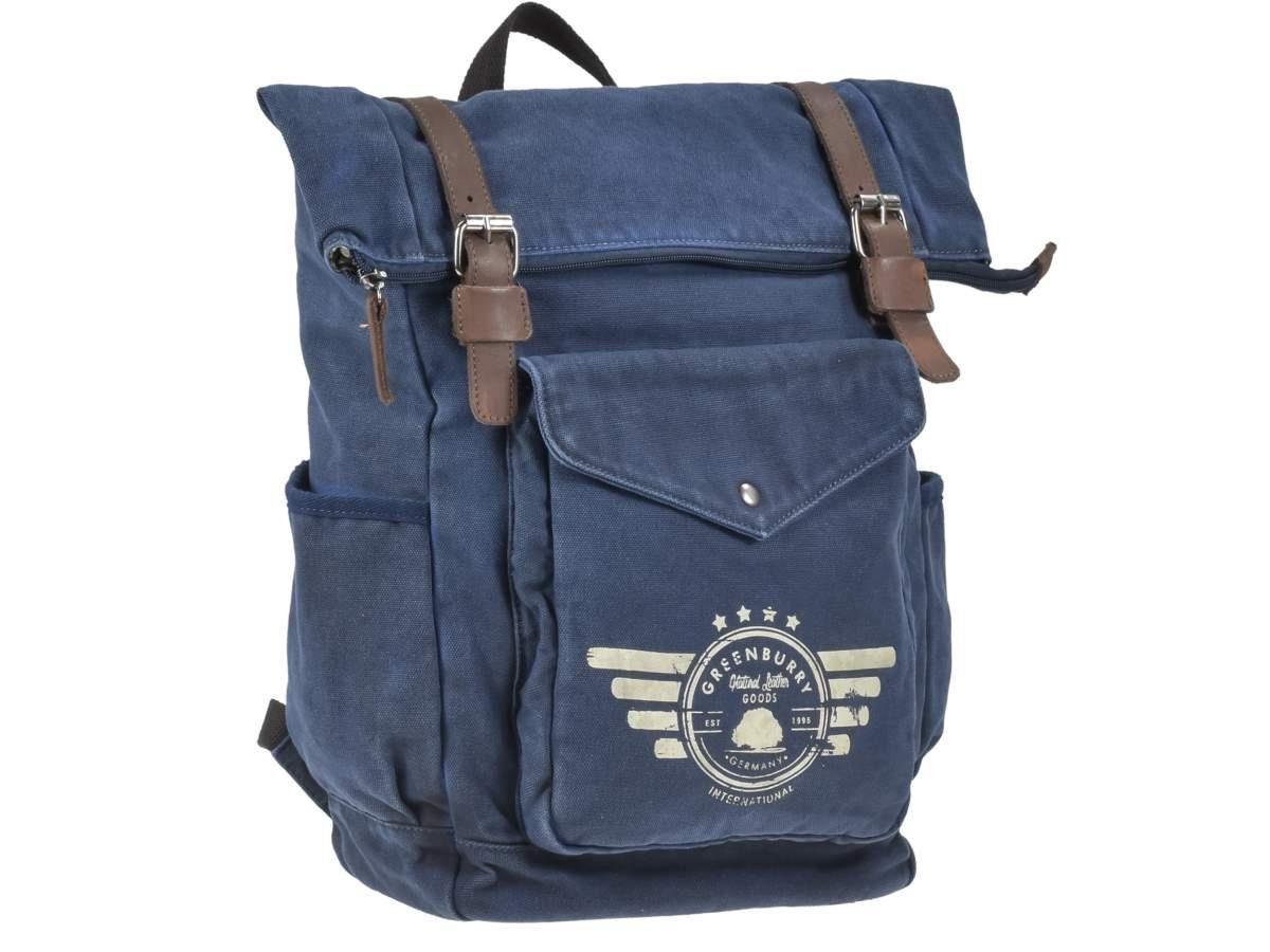 Greenburry Tagesrucksack Aviator Blue Edition, Canvas mit Lederbesatz, Kurierrucksack 37x41cm, Fahrradrucksack