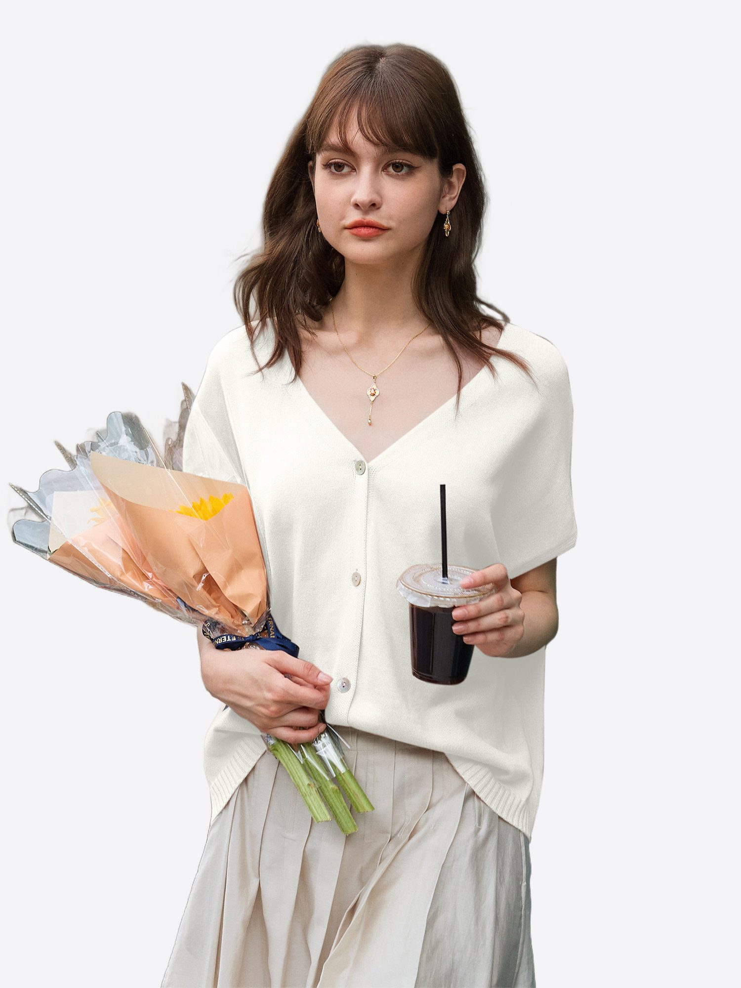 Imily Bela Cardigan Damen Kurzarm mit V-Ausschnitt Knopfleiste Loose Stricken (Packung, 1-tlg., 1per-Pack) Fledermausärmel gehäkelt in Unifarbe