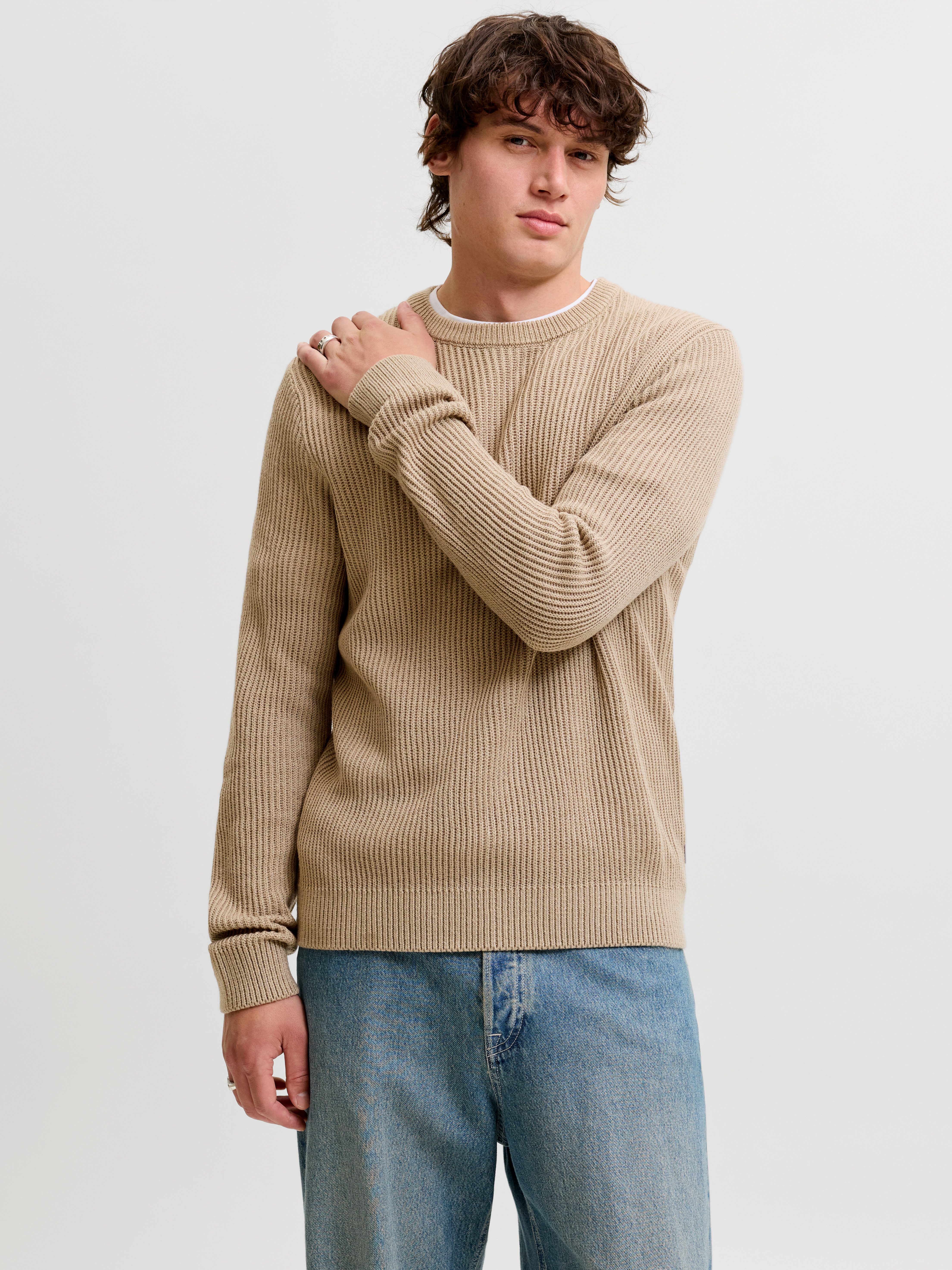 Jack & Jones Rundhalspullover JJPANNEL KNIT CREW NECK AW26 Materialmix, regular fit