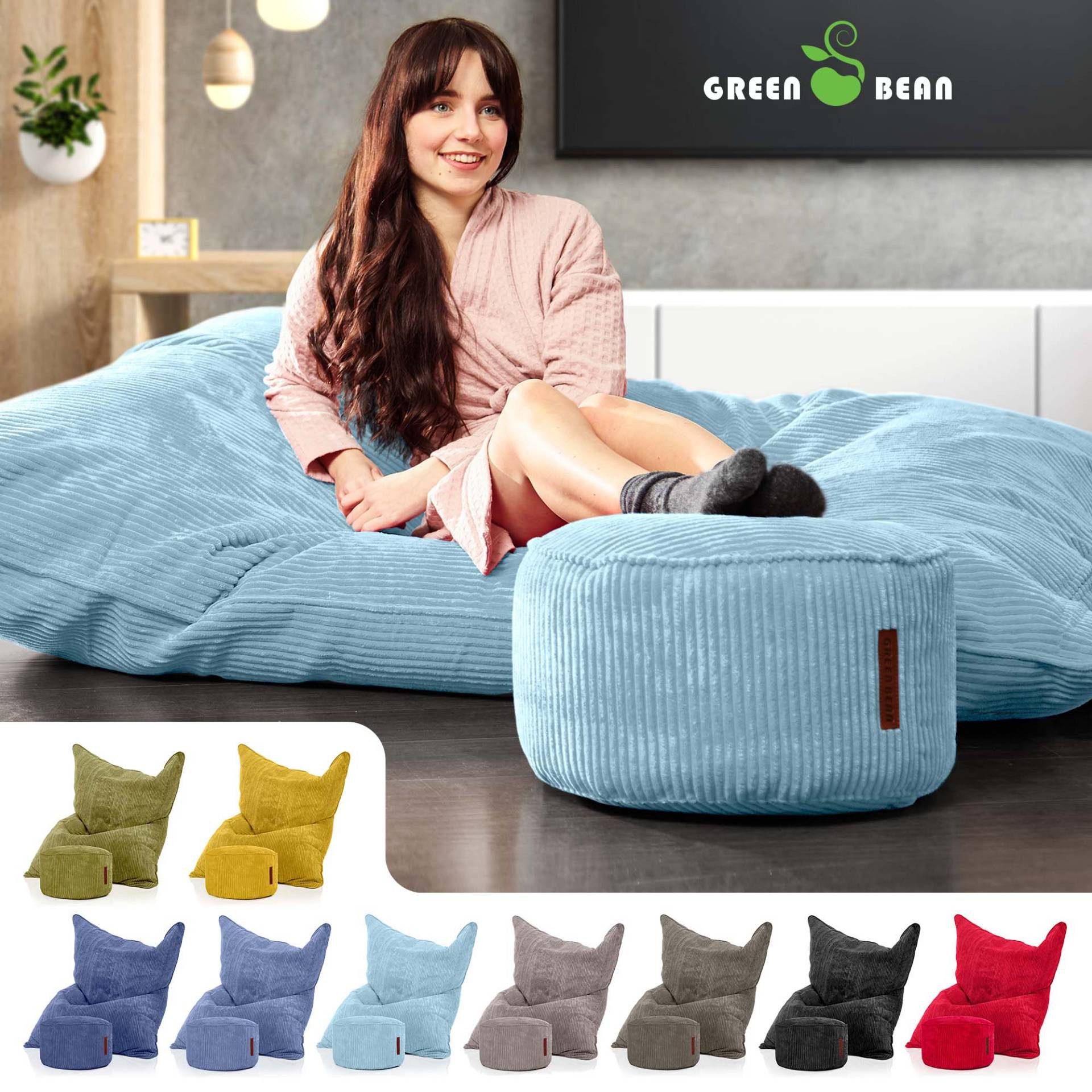 Green Bean Sitzsack XXL Sitzsack Square Cord + Hocker (Sitzsack + Hocker im Set - XXL Riesensitzsac mit passendem Fußhocker), Bean Bag Bodenkissen Liegekissen Sitzkissen Indoor Drinnen Waschbar