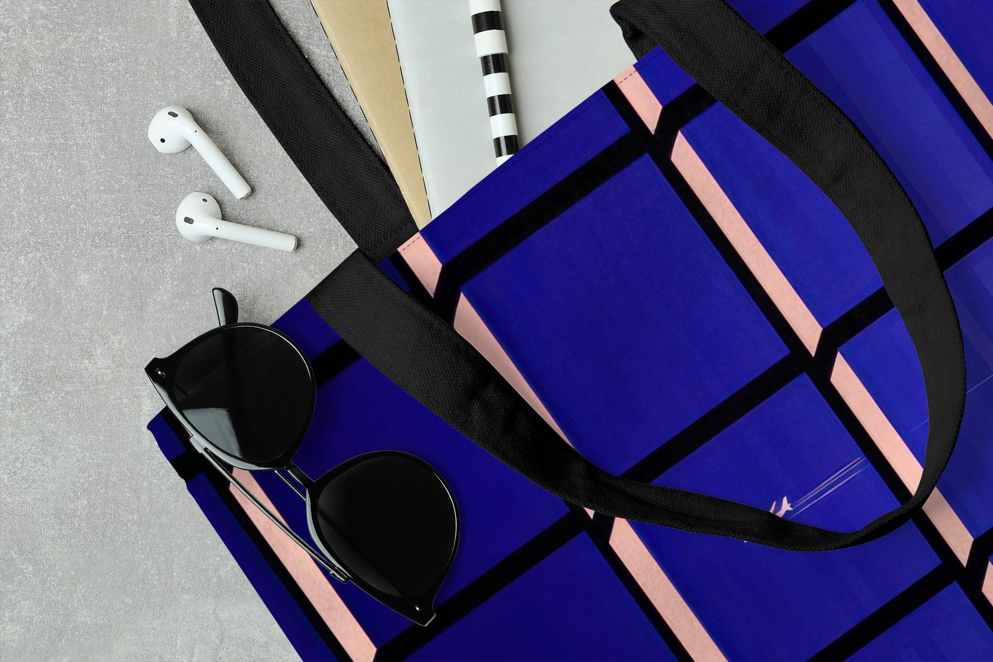 MuchoWow Shopper Flugzeug - Kariert - Blau - Rechteckig, Handtasche, Damen und Herren, Schultertasche, Umhängetasche, Tote Bag