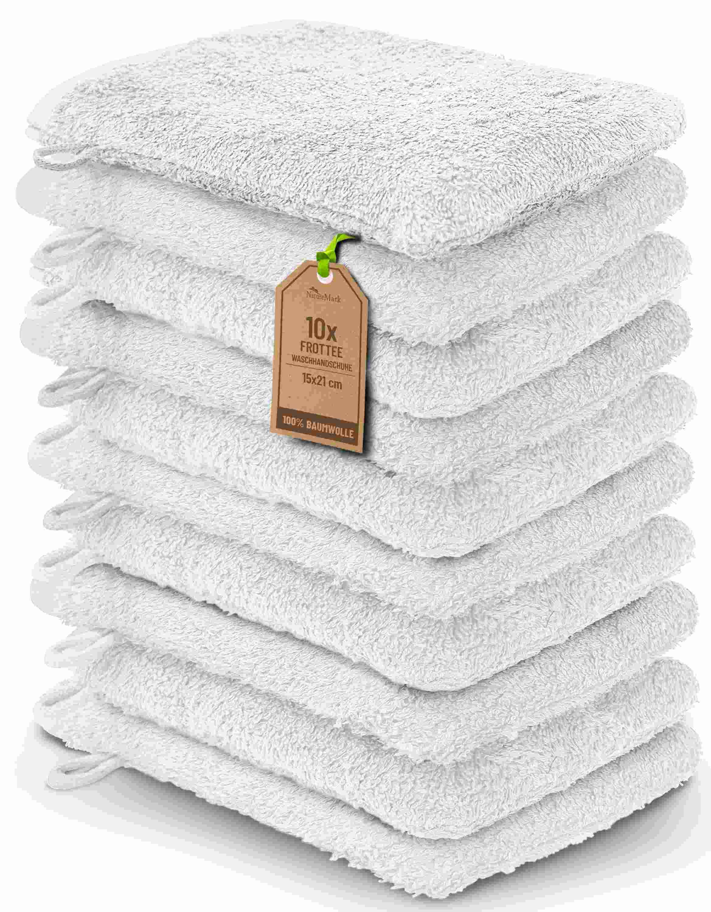 NatureMark Waschhandschuh 10er-Set Frottier Waschhandschuhe, 100% Baumwolle (10-St), Premium Frottier Waschhandschuhe, 15x21cm, Weiß