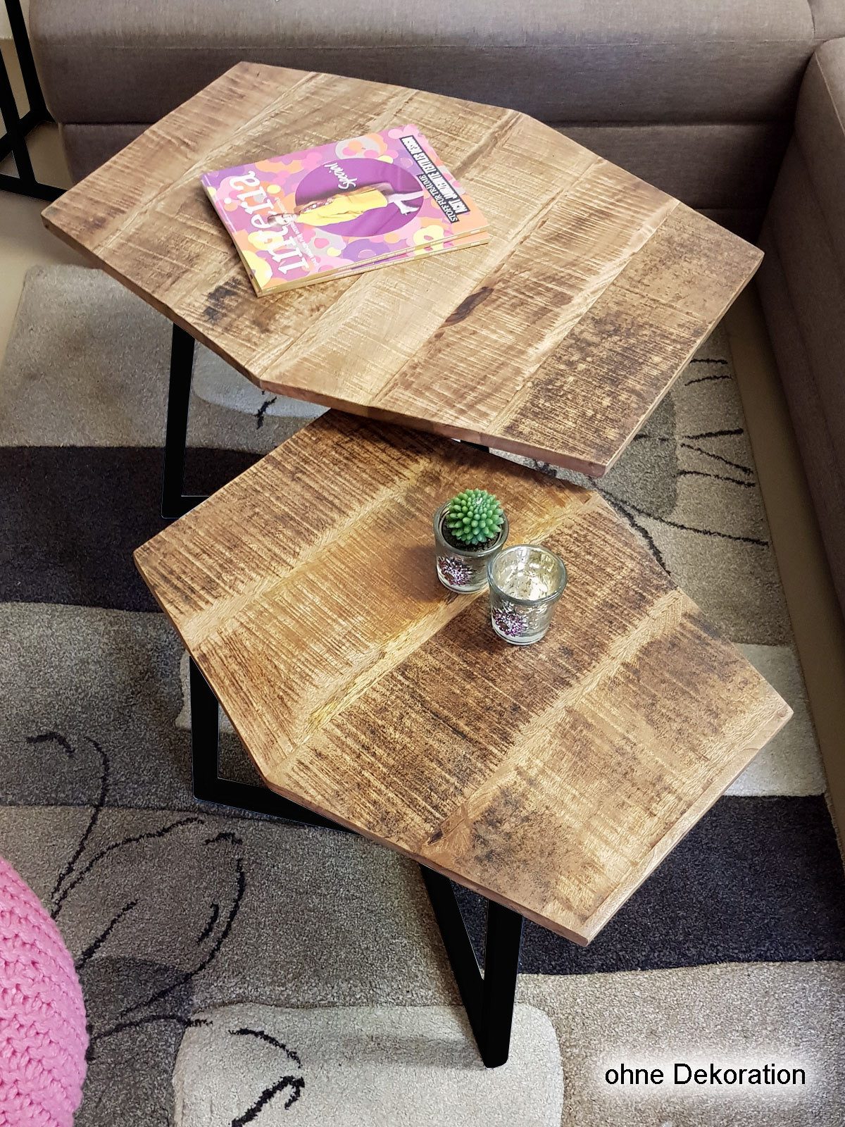 Amagohome Couchtisch 2er-Set sechseckige Couchtische München aus massivem Mangoholz & Eisen – Bild 4 von 5