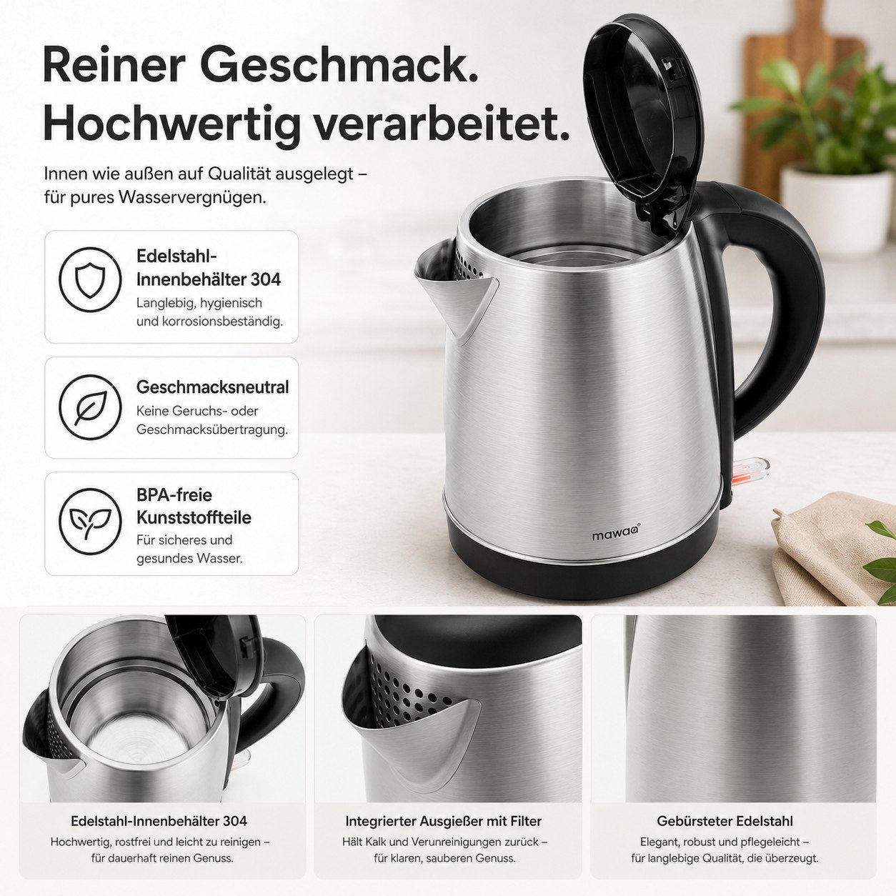 LEFEX Wasserkocher mawaa Edelstahl-Wasserkocher 1,7L 2400W mit Kalkfilter, 2400 W, Edelstahl-Innenbehälter Leiser Betrieb
