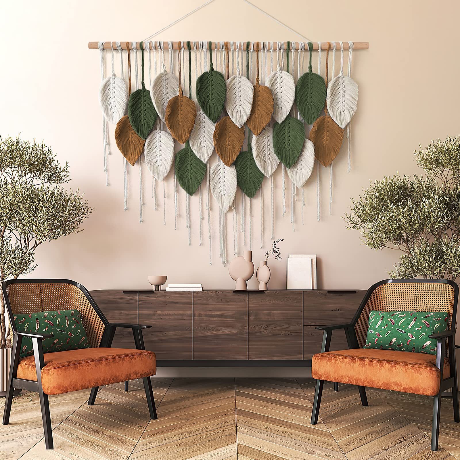 Agger Wanddekoobjekt Großer Wandbehang Wandteppich, Boho Makramee Gewebte Handgemachte, Quaste Blatt Tapisserie Böhmische Wandkunst Dekor – Bild 4 von 5
