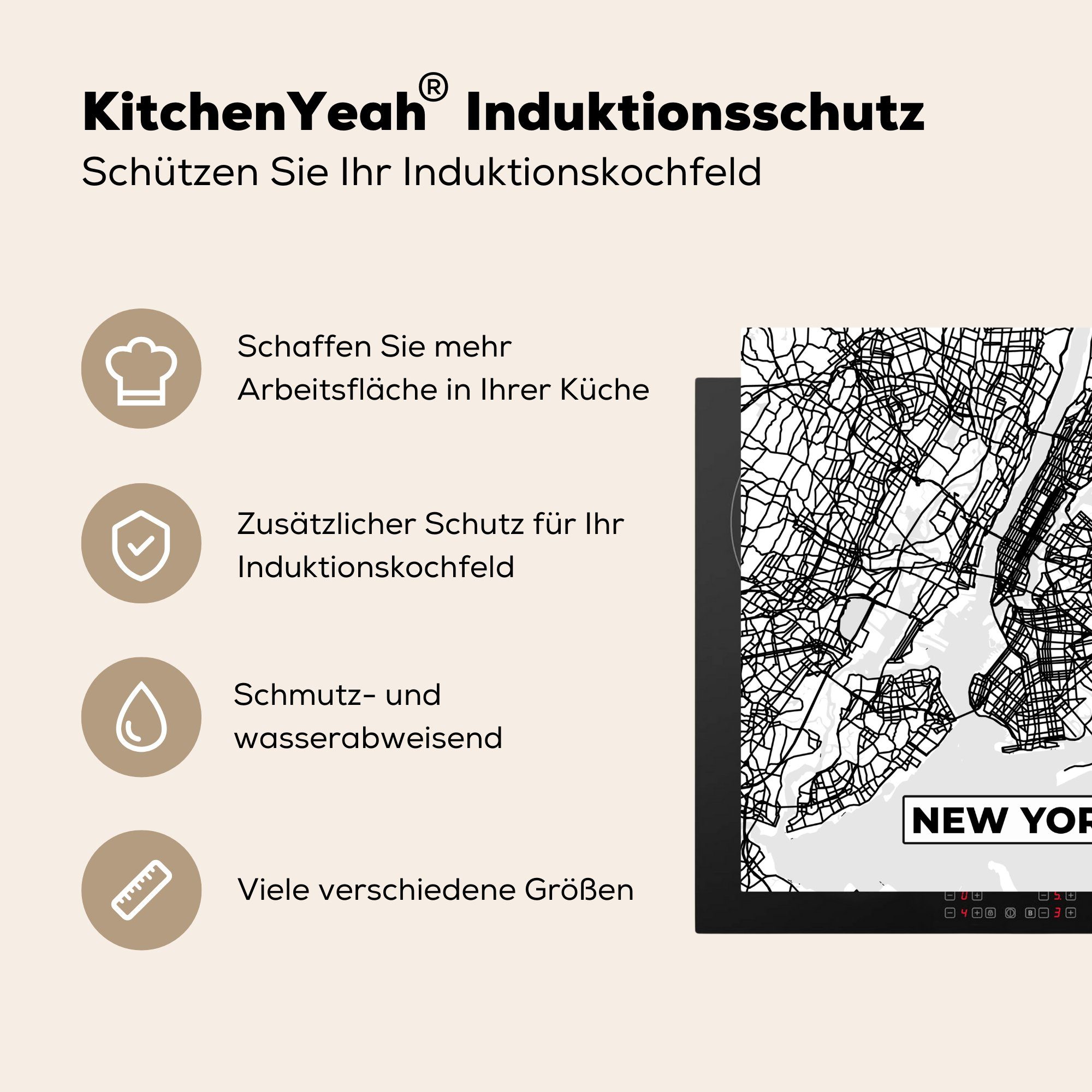 - küche Arbeitsplatte Karte Weiß, York MuchoWow (1 von 78x78 Ceranfeldabdeckung, und New Herdblende-/Abdeckplatte cm, Vinyl, - für tlg), Schwarz Stadtplan
