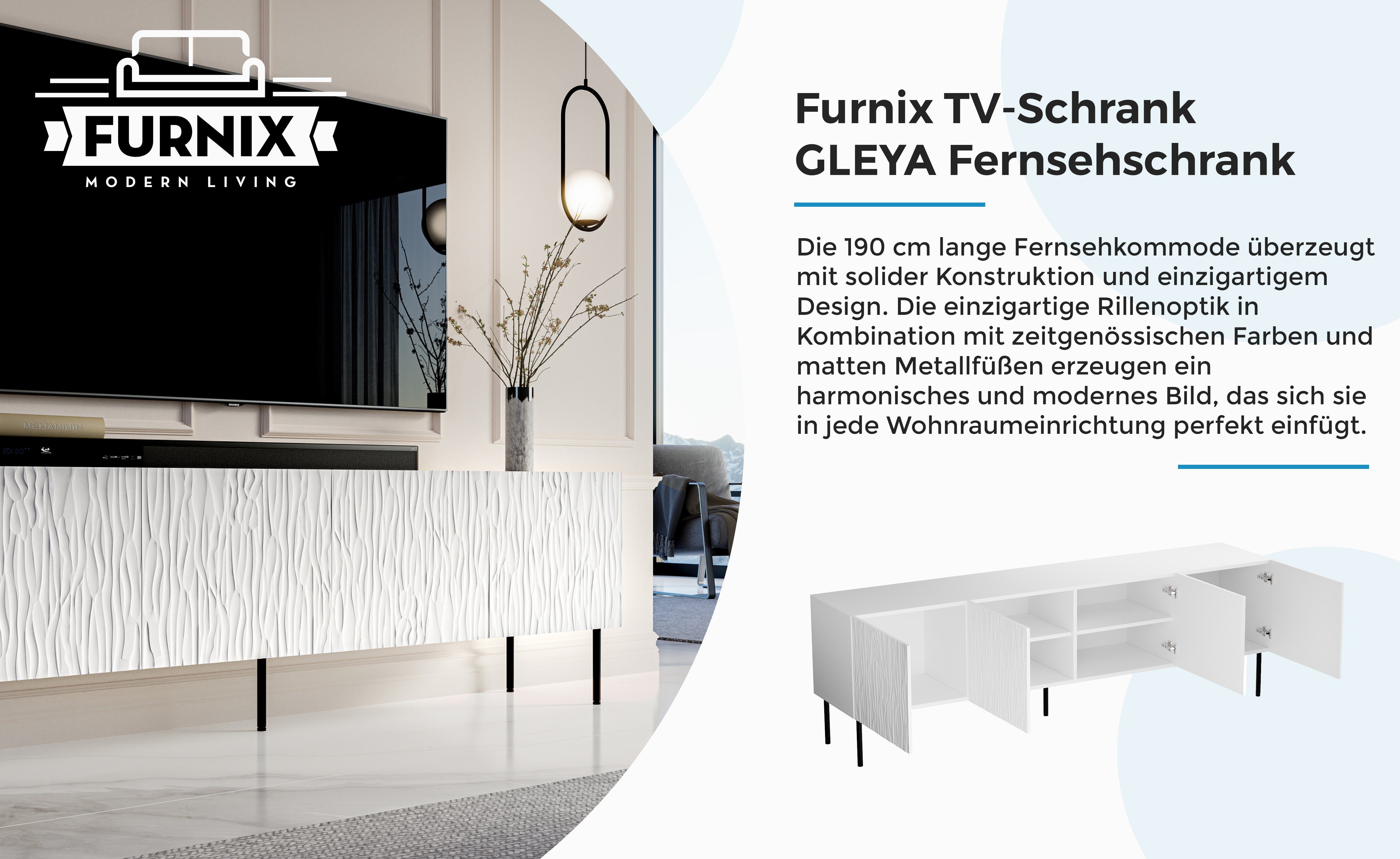 Furnix TV-Schrank GLEYA Fronten 190 gefrästen Weiß mit Fernsehschrank Struktur multifunktionell
