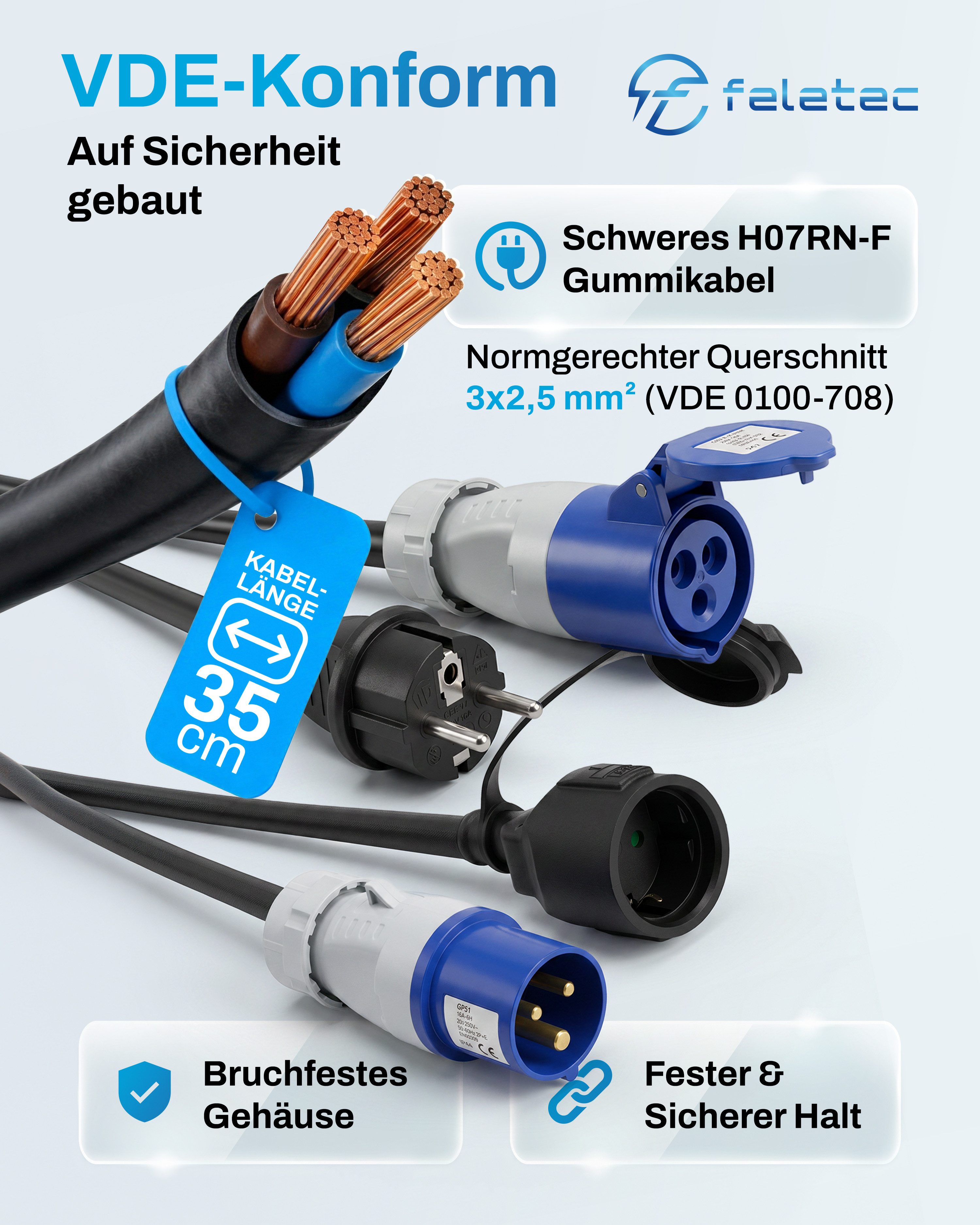 feletec 2x CEE-Stecker auf Schuko-Kupplung Schuko-Stecker auf CEE-Steckdose CEE-Adapterkabel