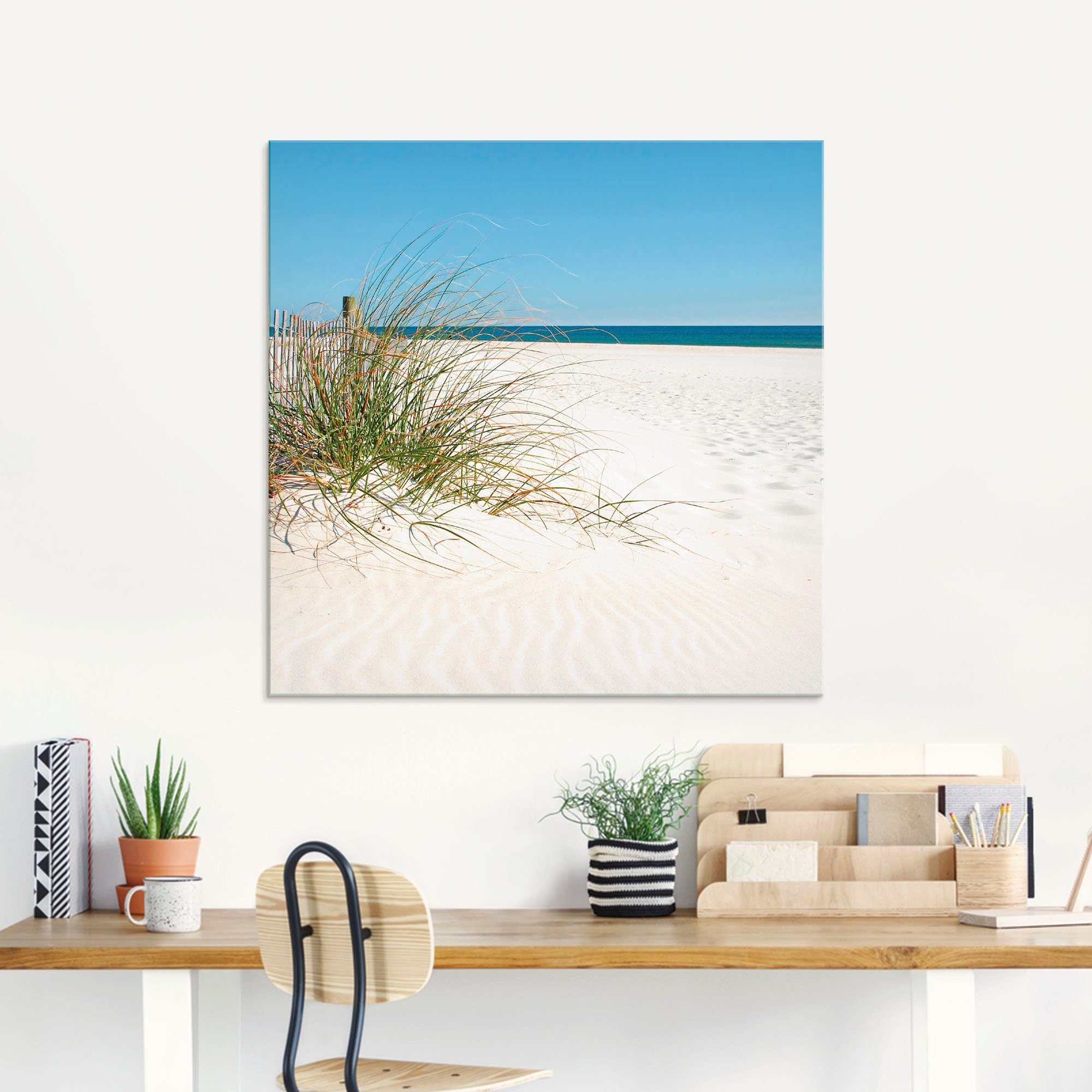 Artland Glasbild Schöne Sanddüne mit Gräsern und Zaun, Strand (1 St), in verschiedenen Größen
