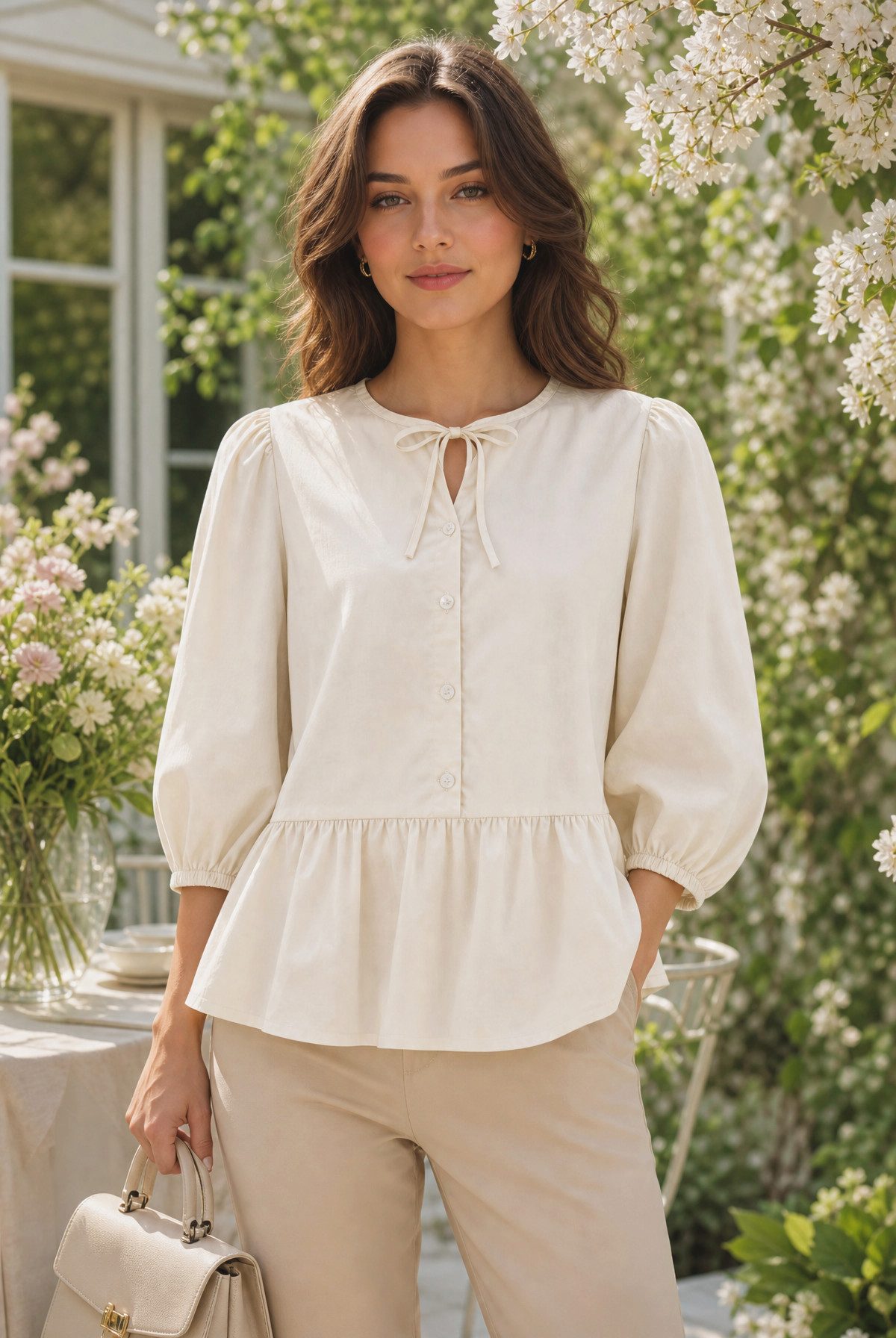 NADINE H Blusenshirt Baumwoll-Bluse mit Puffärmeln Kragenband im Frühlingsstyle