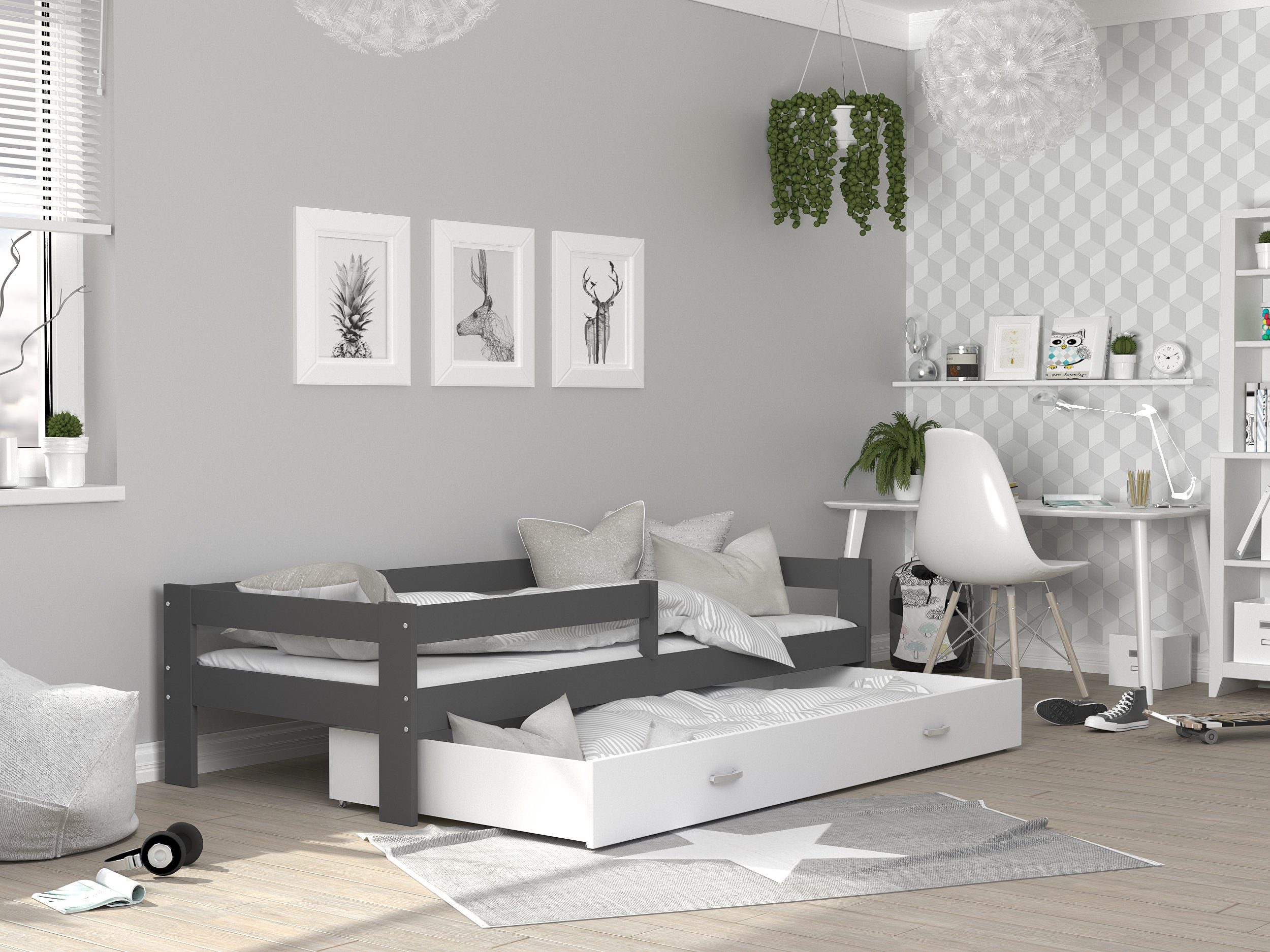 Siblo Einzelbett Amy (Flexibler Lattenrost, Schublade, Sicherheitsbarriere), Möbelplatte, Massivholz Grau und Weiß