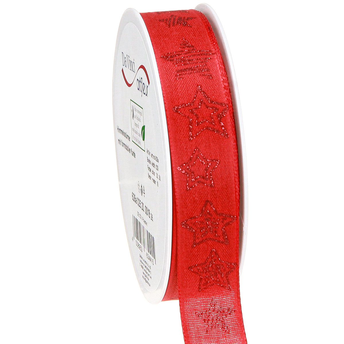 Dekoband Weihnachtsband Rot mit Sternen, Glitzer, Deko, 25mm x 18m