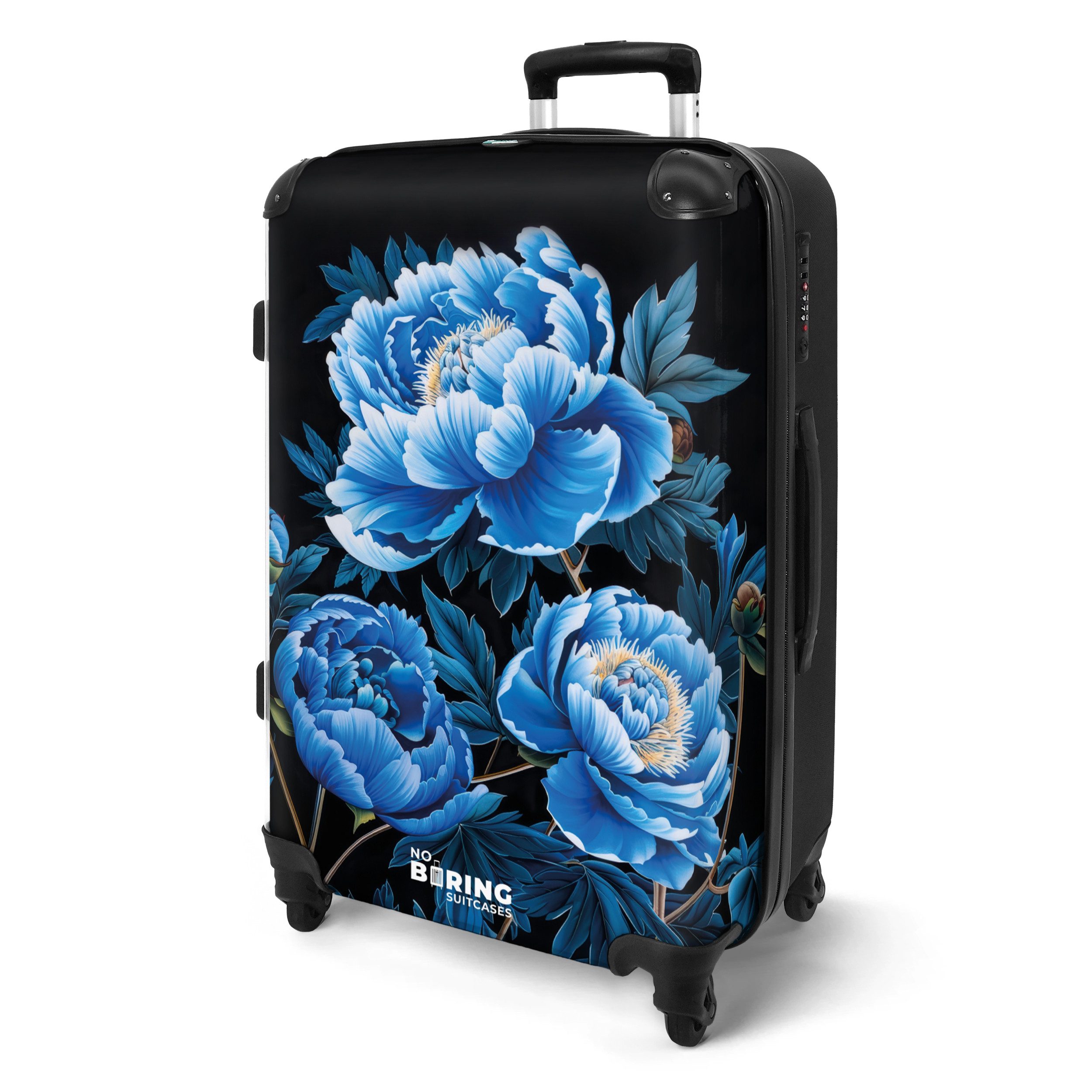 NoBoringSuitcases.com© Hartschalen-Trolley Schwarz mit blauen Pfingstrosen günstig online kaufen