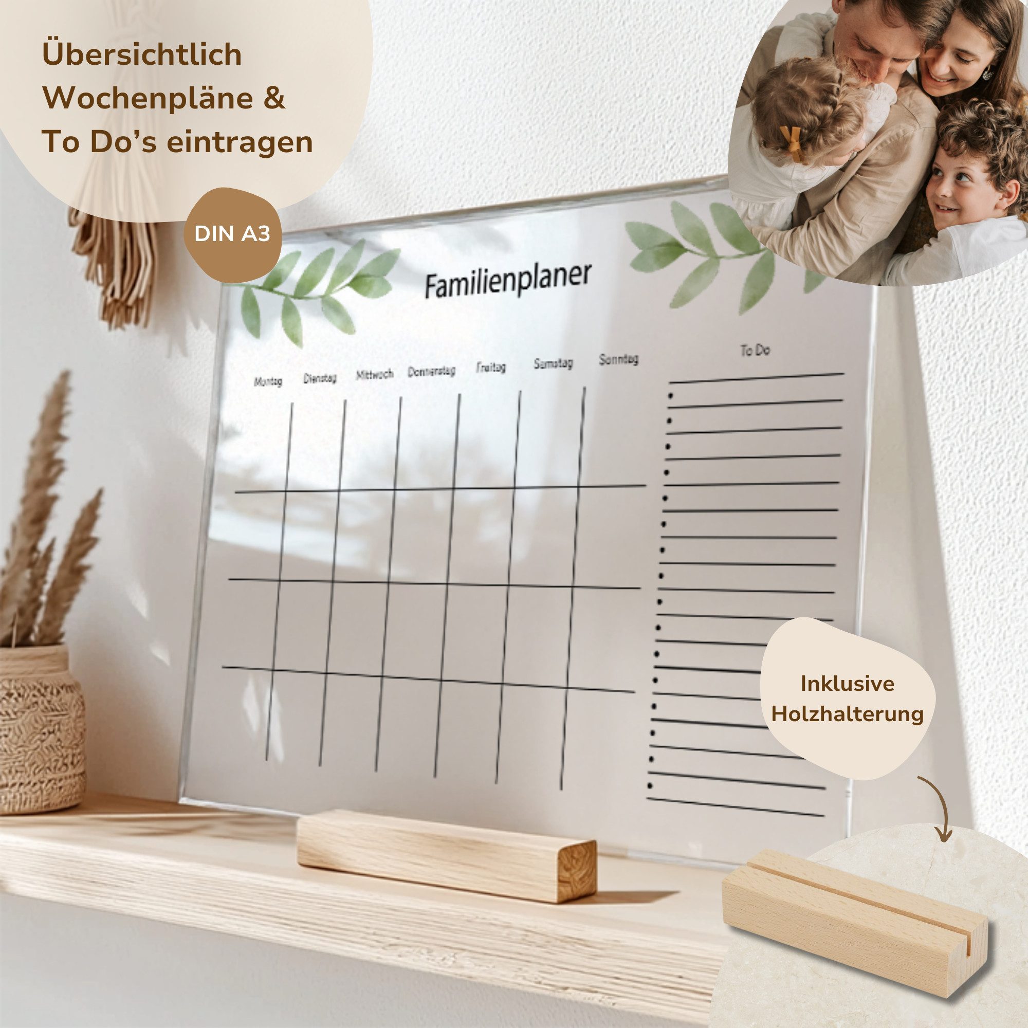 MeinBaby123® Tischkalender Acrylglas Wochenplaner abwischbar, Wochenplan, wiederverwendbar, Familienplaner, Notizen, To Dos, Terminkalender, Wandkalender