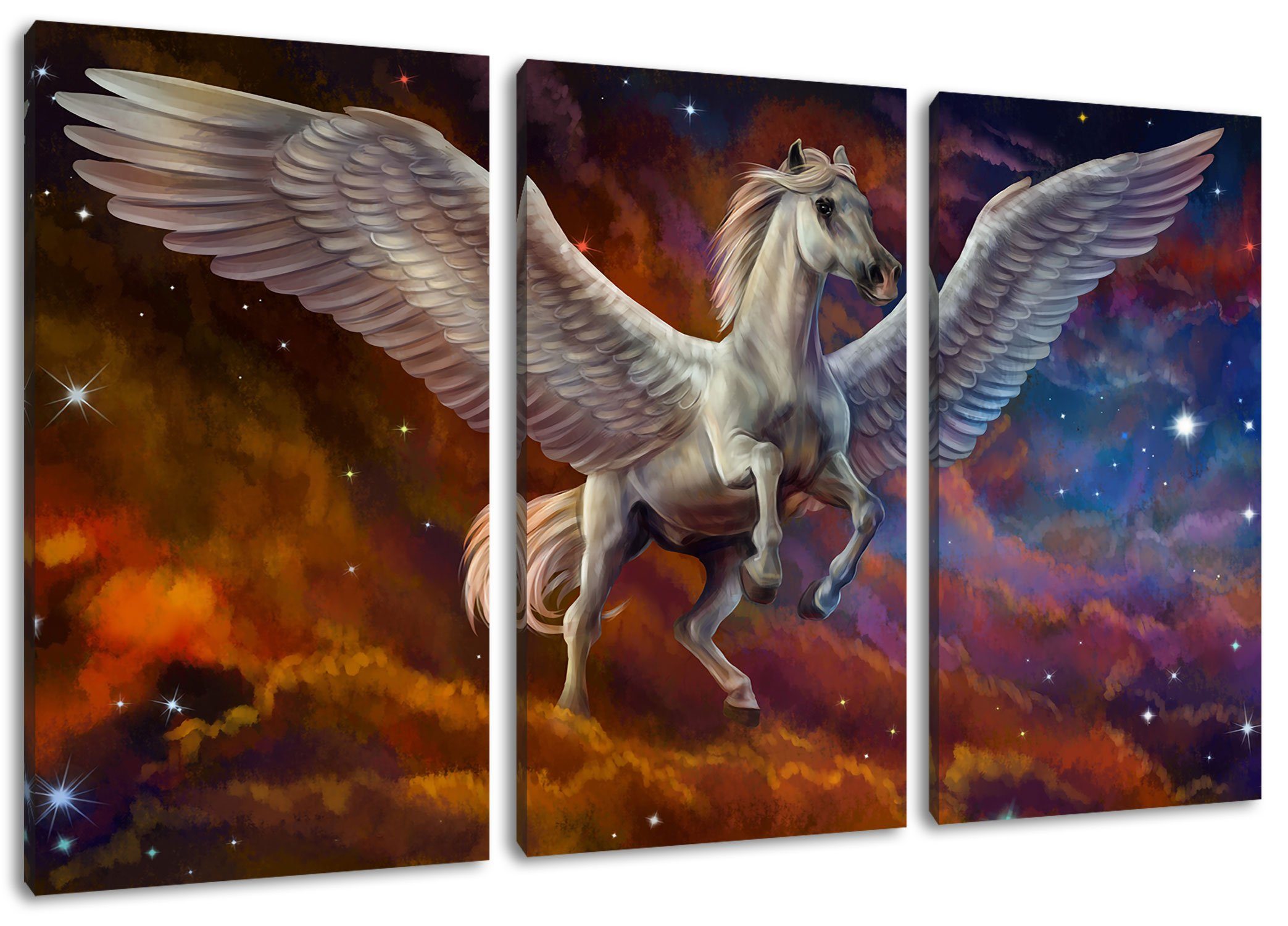 Pixxprint Leinwandbild Weißer Pegasus mit Engelsflügel, Weißer Pegasus mit Engelsflügel 3Teiler (120x80cm) (1 St), Leinwandbild fertig bespannt, inkl. Zackenaufhänger