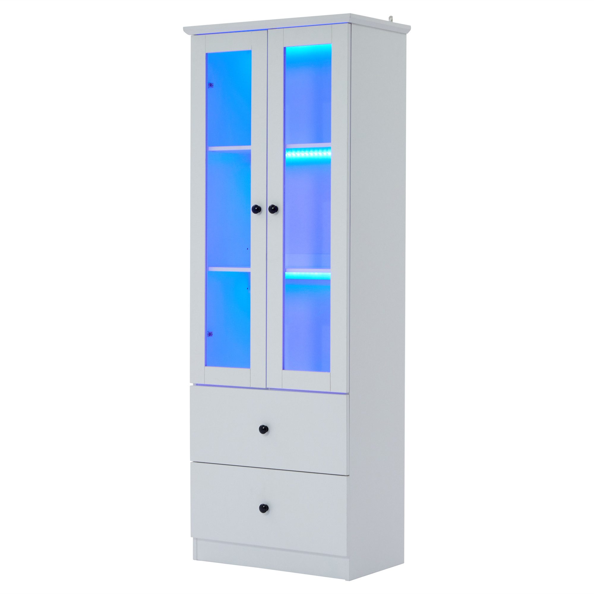 Merax Standvitrine schmal Vitrinen mit LED und USB-Anschluss (inkl.Fernbedienung, Hochschrank Standregal Schrank Vitrine) Vitrinenschrank mit verstellbaren Fachböden und 2 Schubladen, H:165cm