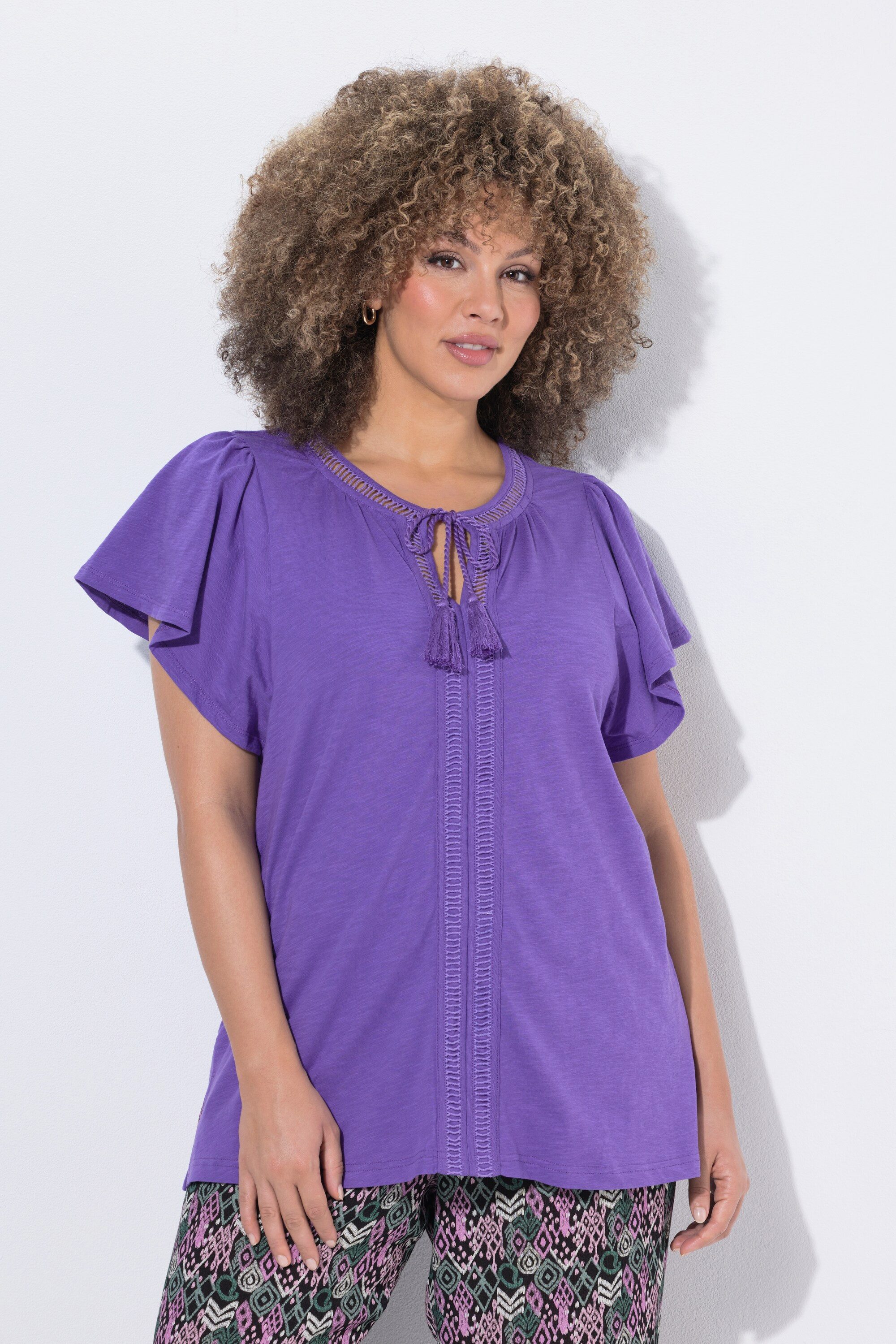 Ulla Popken T-Shirt T-Shirt Zierlitze Tunika-Ausschnitt Flügel-Halbarm
