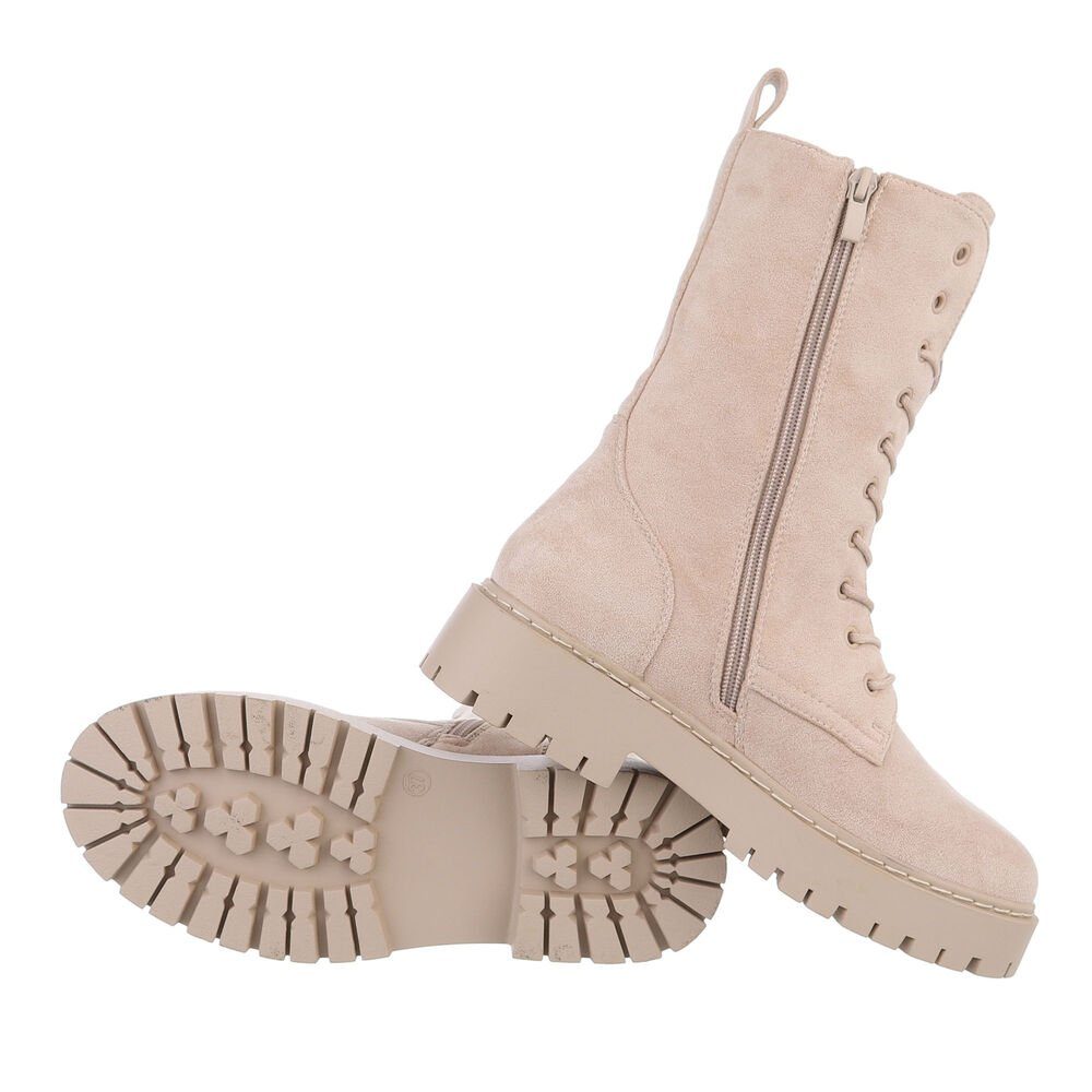 Ital-Design Damen Schnürschuhe Freizeit Schnürstiefelette in Beige Blockabsatz Plateaustiefeletten