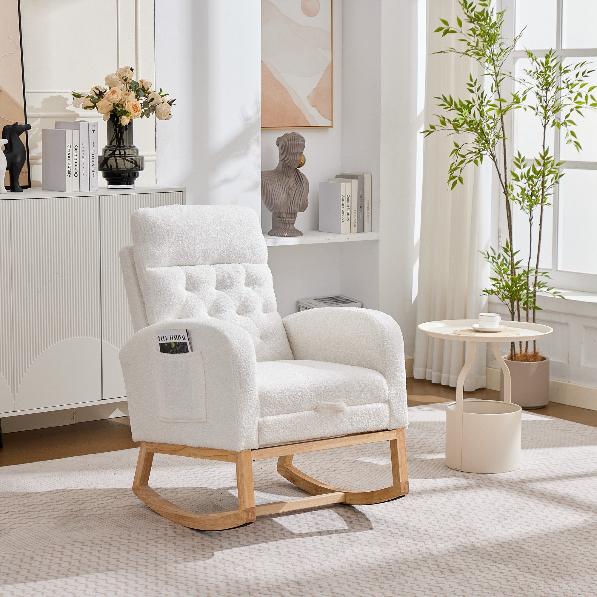 HAUSS SPOLE Schaukelstuhl mit verstellbarer Fußstütze,Wohnzimmer Relaxsessel mit Seitentaschen (Wohnzimmer-Sessel Polsterschaukelstuhl mit ausziehbarer Fußstütze), 65.6x123x102cm mit Boucléstoff