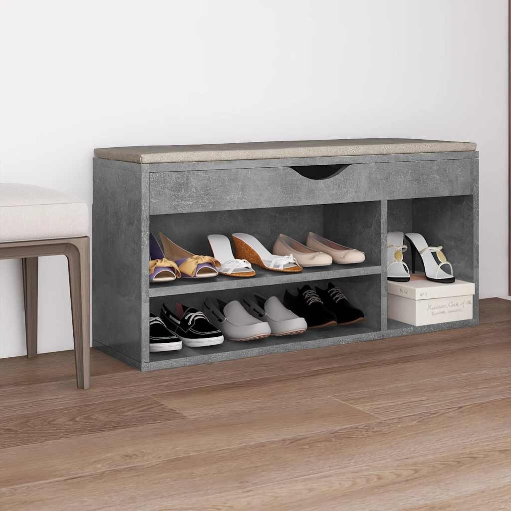 vidaXL Schuhregal Schuhbank mit Kissen Betongrau 104x30x49 cm Holzwerkstoff, 1-tlg.