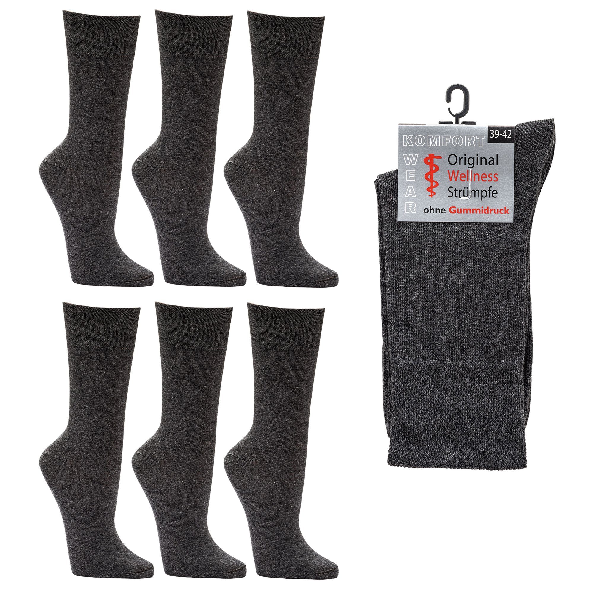 Socks 4 Fun Langsocken 2162 6-Paar, Komfortbund (Packung, anthrazit Herren ohne Wellness-Socken 6 Gummidruck Damen Socken Paar)