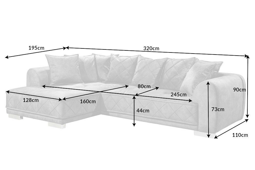 riess-ambiente Ecksofa DECADENCIA Design · Couch inkl. Teile, Einzelartikel Samt · silbergrau, Wohnzimmer 1 Modern XXL Kissen · 320cm · · L-Form