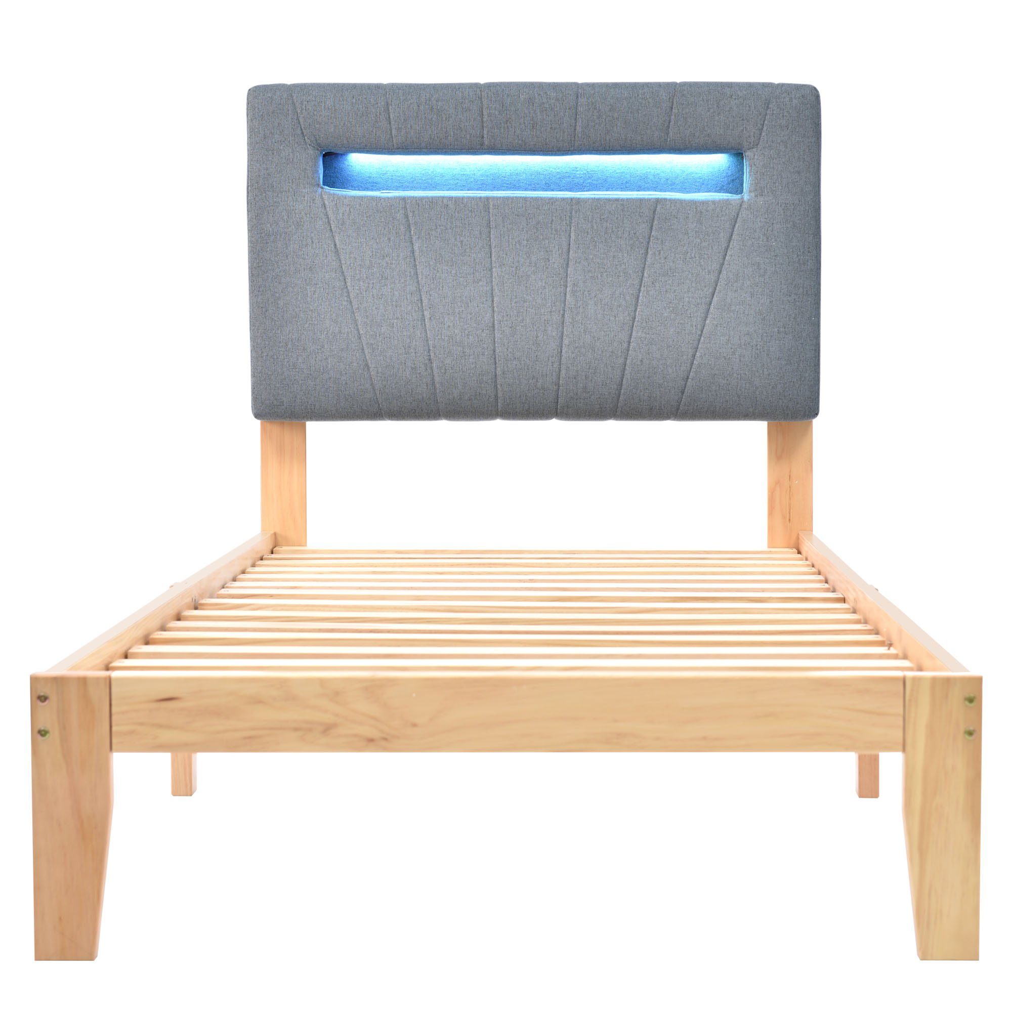 Massivholzbett (Einzelbett Jugendbett), mit LED-Beleuchtung & Polsterkopfteil, 90x200cm