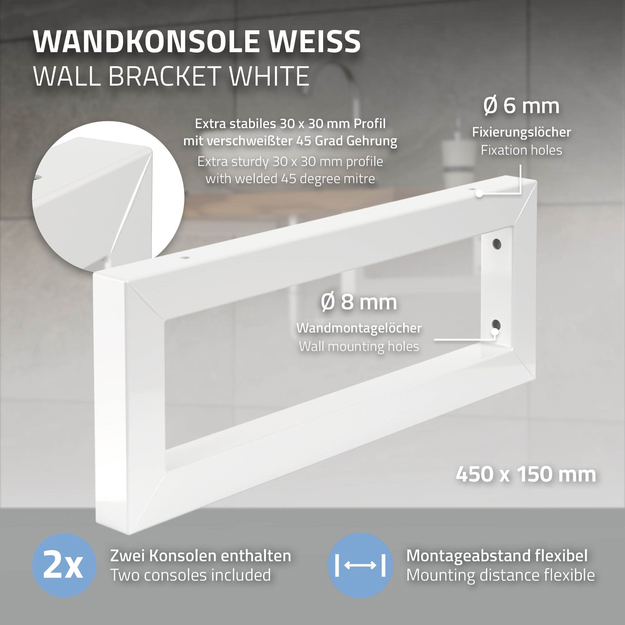 450x150mm 2er Set Wandkonsole Wandhalterung Waschbeckenschrank ML-DESIGN Waschtischhalterung Weiß Stahl für Waschtisch