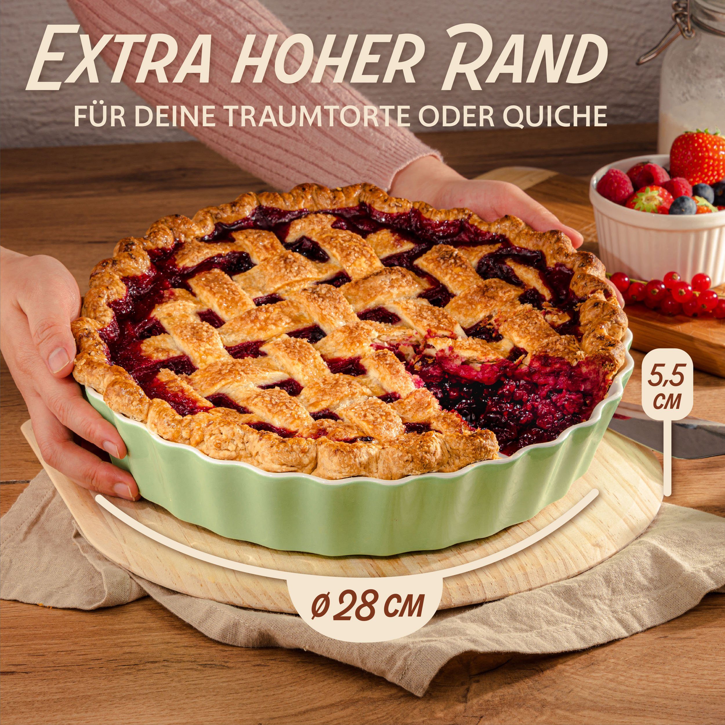Praknu Auflaufform Keramik-Tarteform 28cm 1 St. Antihaft hoher Rand, Ofen 280°C, Farben, Porzellan - Keramik, (1-St), Mit Antihaftbeschichtung - Einfach zu Reinigen - Plastikfrei Verpackt