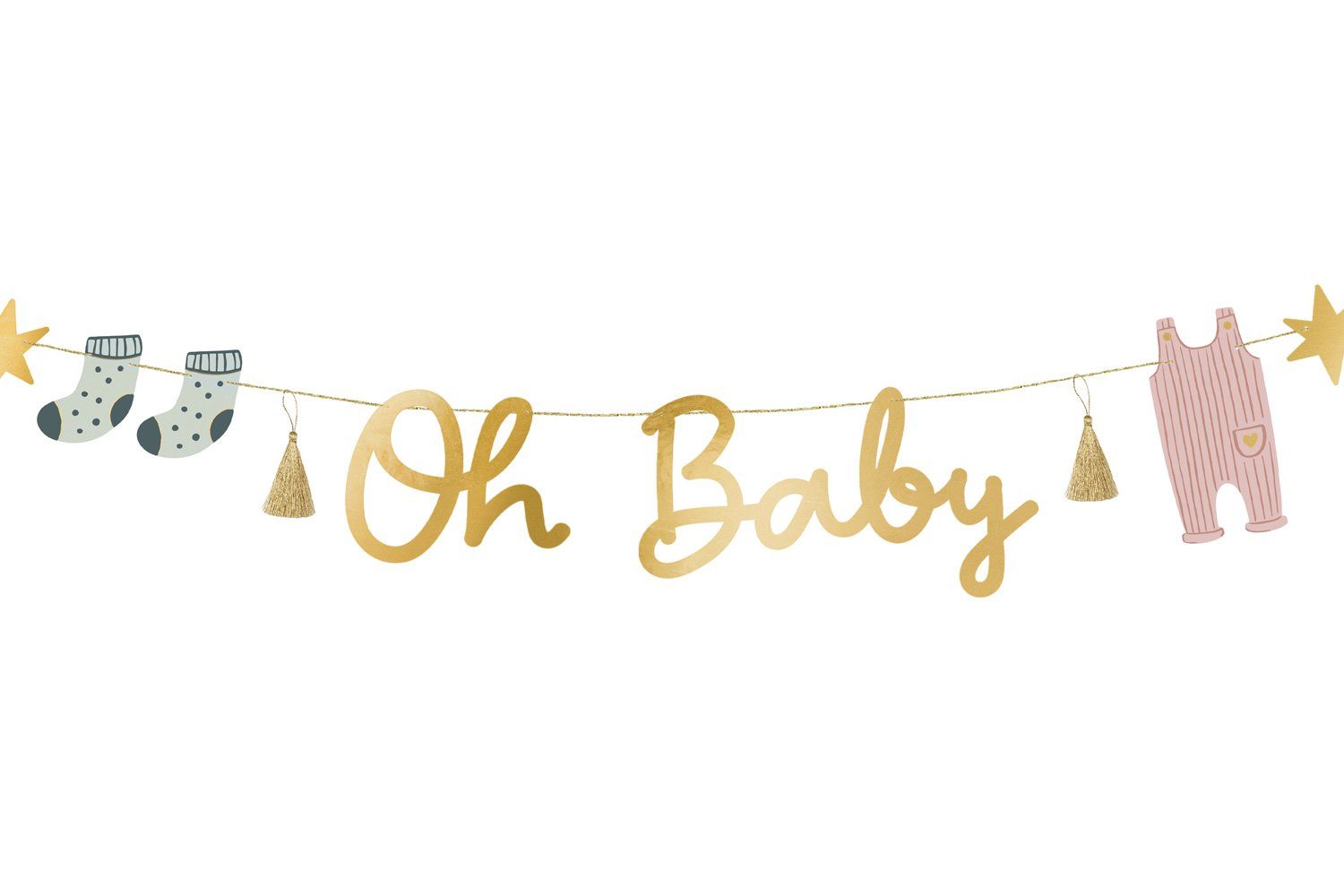 partydeco Girlande, Oh Baby Girlande Banner aus Papier mit Quasten 2,5m gold Farbmix