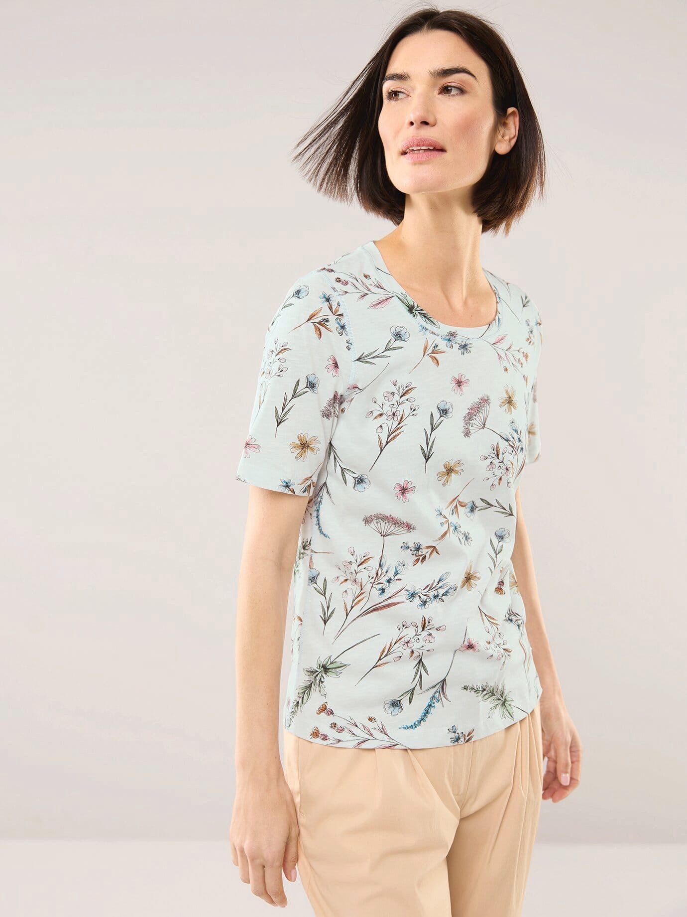 Walbusch T-Shirt Damen Baumwollshirt mit Blumen Rundhals Kurzarm Halbarm, pflegeleicht