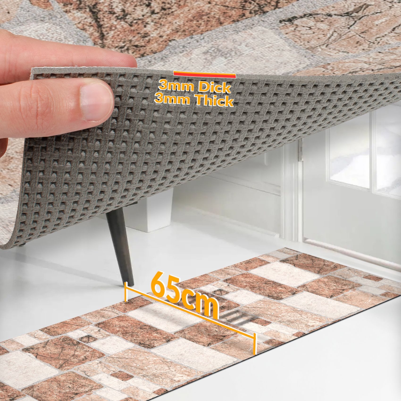 ANRO Küchenläufer RANNA Hochwertig Küchenteppich Teppich Textil, Eckig, Bodenläufer 100x65cm Granit Braun pflegeleicht – Bild 2 von 5