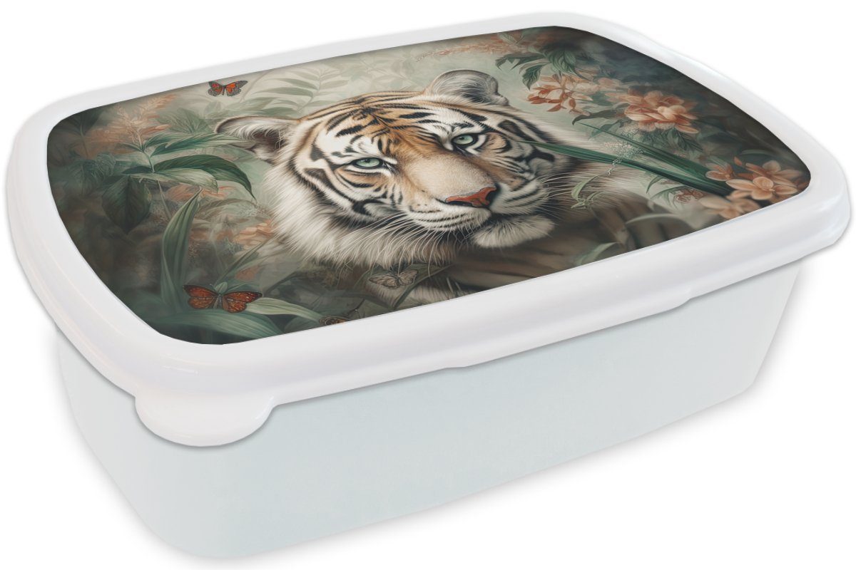 und - Mädchen - Tiger Brotbox für und Kinder Schmetterlinge Brotdose, - MuchoWow Jungs Dschungel - weiß Tiere (2-tlg), Blumen, Erwachsene, Lunchbox für Kunststoff,