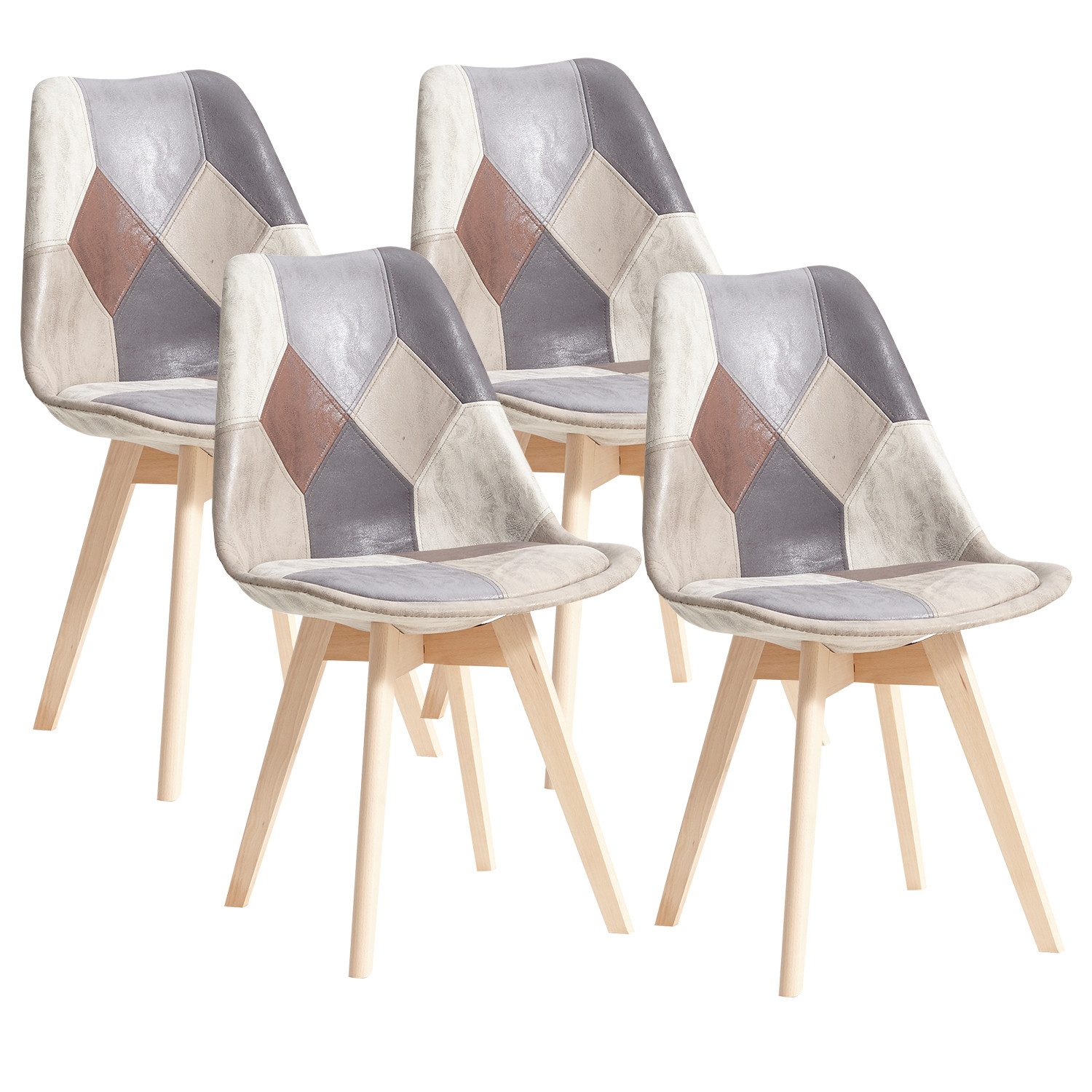GrandCA HOME Esszimmerstuhl 4er Set Retro Patchwork Küchenstuhl mit Beine aus Massivholz (4 St), weiches Sitzkissen, Grauer Patchwork-Stil