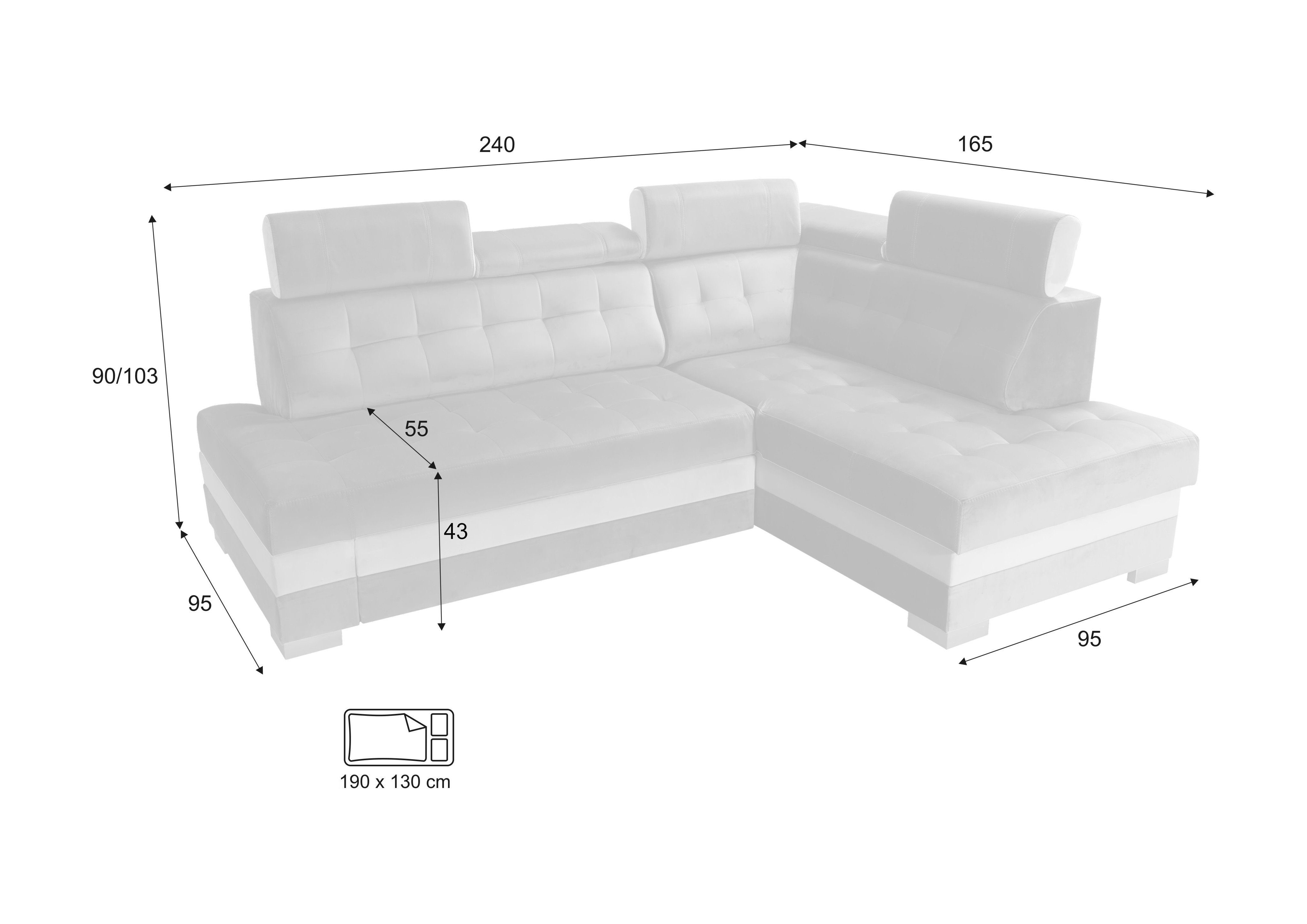 Ecksofa Paris Schlaffunktion L-Form verstellbare Ecksofa: GREY-CREAM Kopfstützen 5 robin