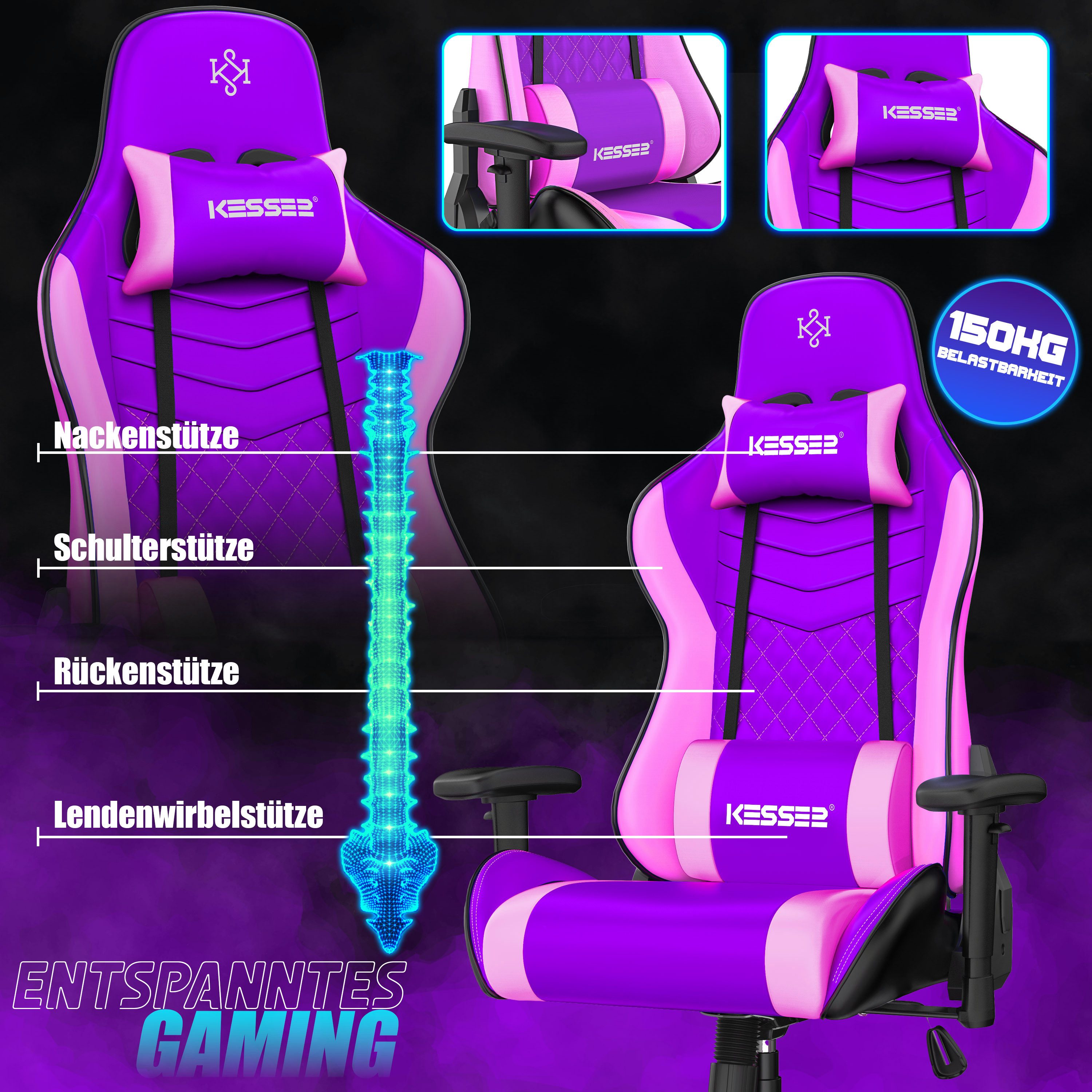 KESSER Gaming Chair, Ergonomisch Gamingstuhl 150kg belastbar Bürostuhl Lenden- & Kopfkissen