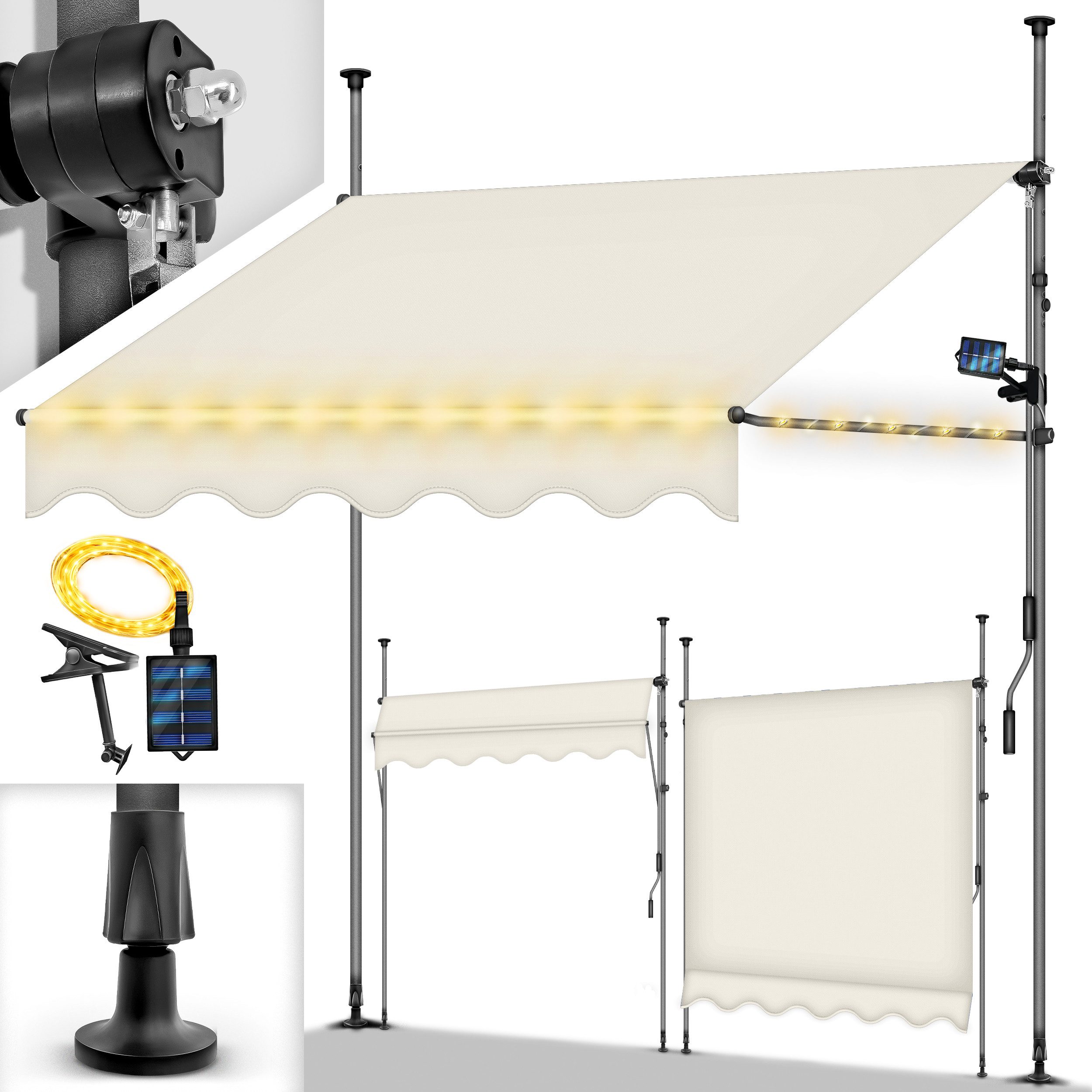 tillvex Klemmmarkise ohne Bohren mit LED & Handkurbel Balkonmarkise Markise Balkon (UV-beständig & höhenverstellbar Sonnenschutz wasserdicht)