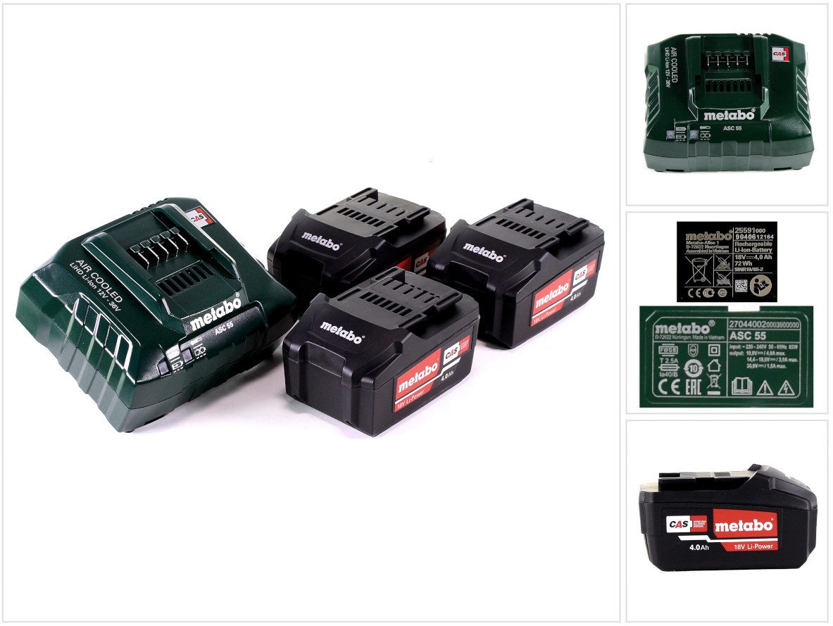 metabo Basis Set 3x Li-Power Akkupack 18 V 4,0 Ah CAS Li-Ion Akku + Ladegerä Akkupacks