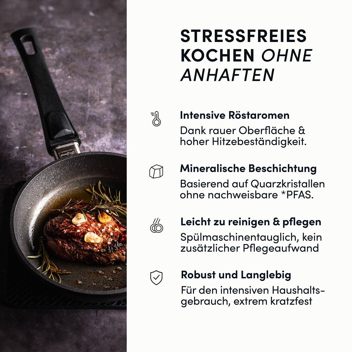 Hoffmann Germany Pfannen-Set STONIQ PFAS-frei Bratpfannen-Set 4-tlg. Ø 24+28 cm Aluguss Induktion, Aluguss (Set, 4-tlg., 2x Bratpfanne Ø 24 cm + Ø 28 cm + 2x Gl – Bild 5 von 5